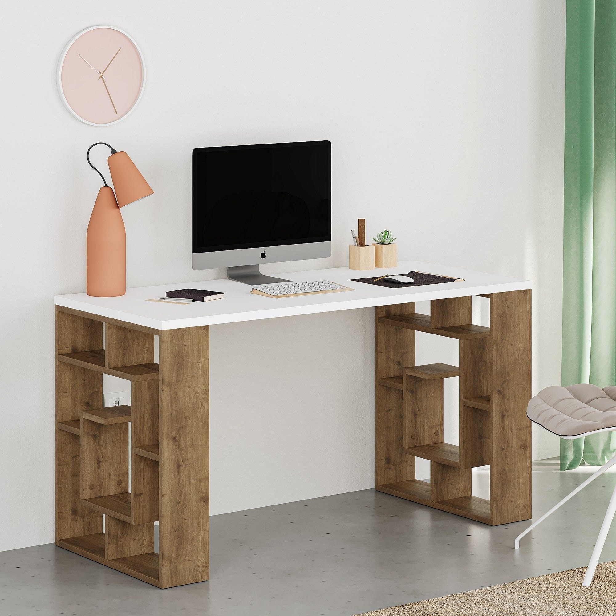 Birou MAZE, alb/stejar inchis, PAL melaminat, 140x60x75 cm