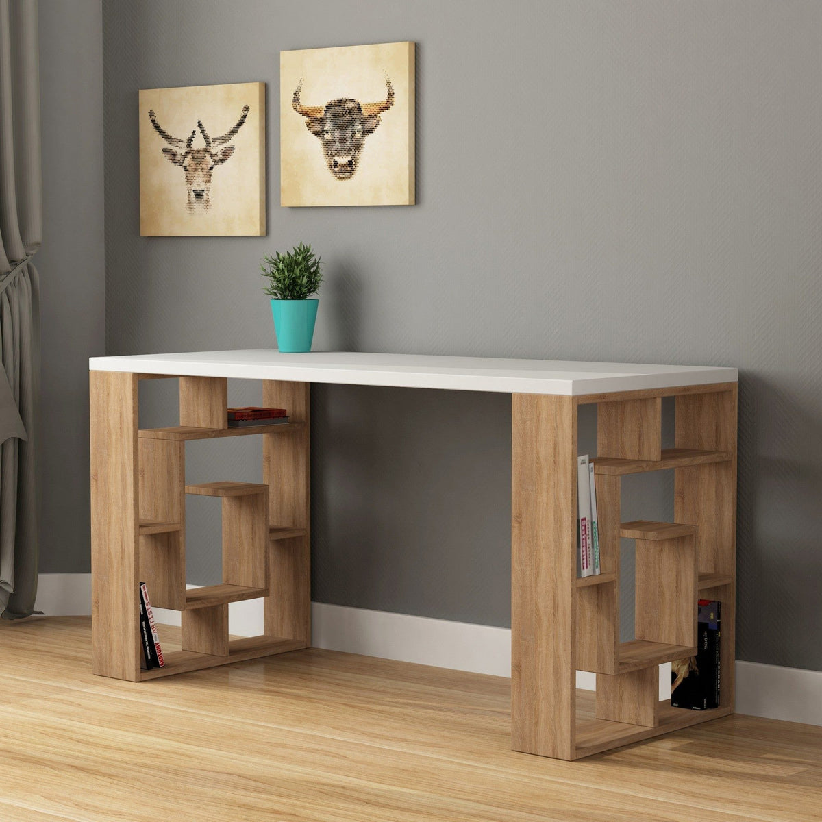 Birou MAZE, alb/stejar, PAL melaminat, 140x60x75 cm