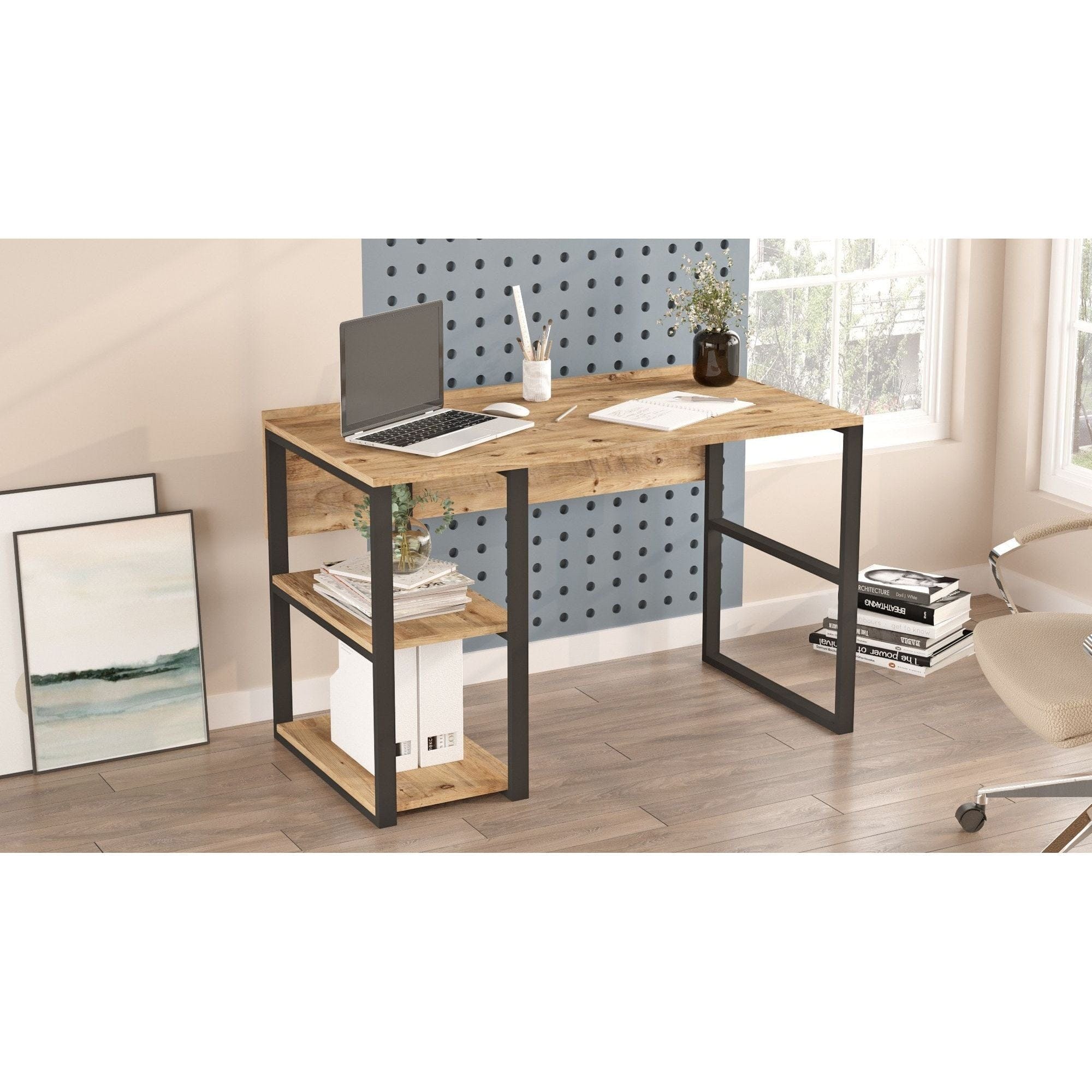 Birou ML8-A, stejar/negru, PAL melaminat/metal, 120x60x75 cm