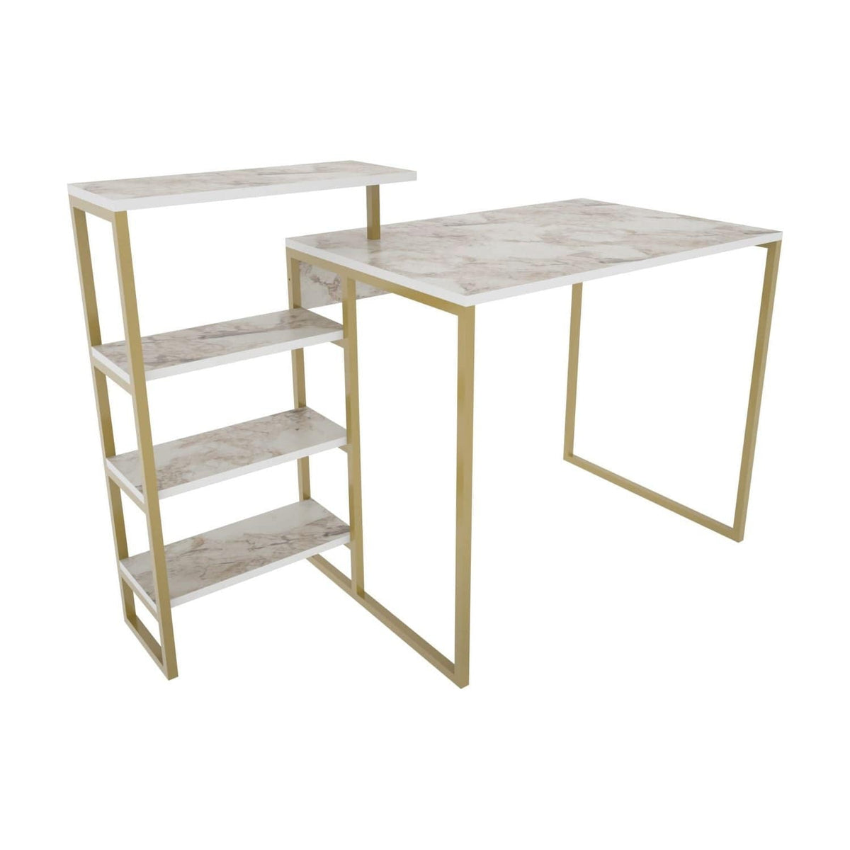 Birou RINO, alb cu efect de marmura/auriu, PAL melaminat/metal, 133x60x77 cm