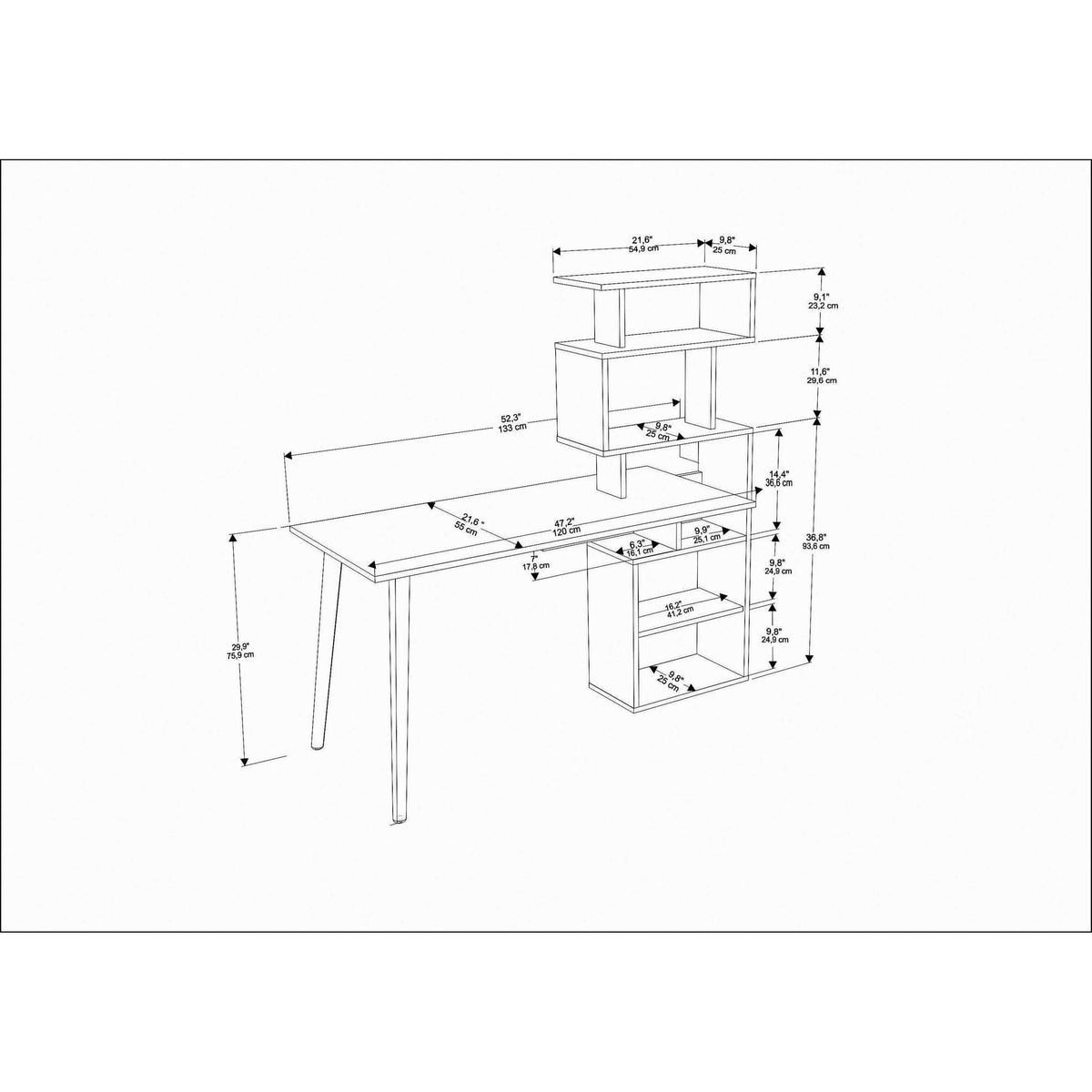 Birou VINA, alb/stejar, PAL melaminat, 133x55x146 cm