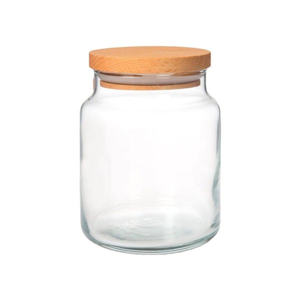 Borcan cu capac PKY290, transparent/stejar, sticla/lemn, 7x10 cm