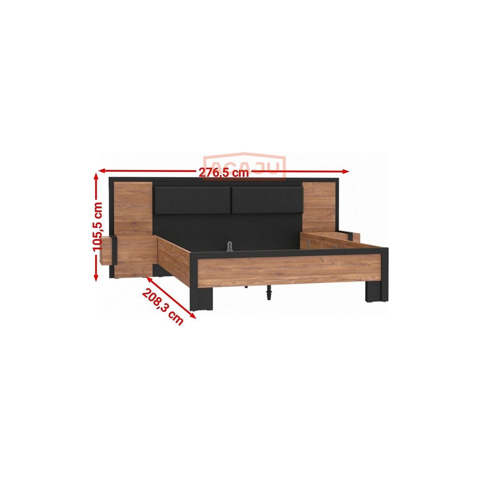 Cadru pat Acazio 160x200, stejar inchis/negru, PAL/metal, cu noptiere
