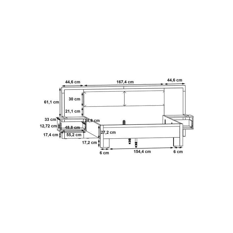 Cadru pat Acazio 160x200, stejar inchis/negru, PAL/metal, cu noptiere