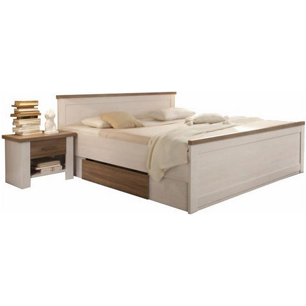Cadru pat LUMERA 180x200, pin alb/stejar trufa, PAL melaminat, cu 2 sertare si 2 noptiere
