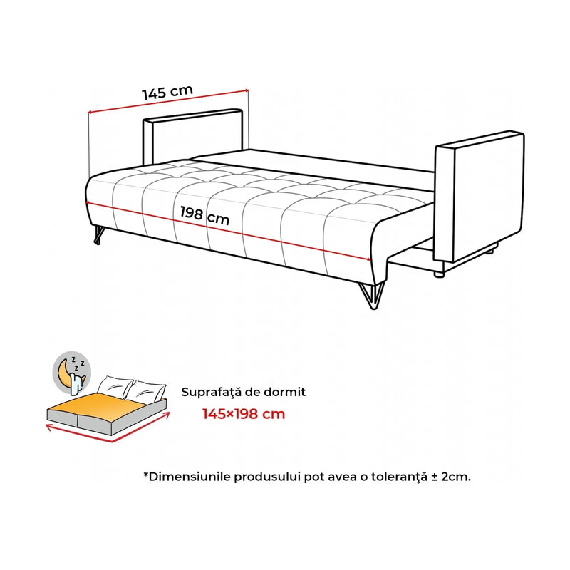 Canapea extensibila Aldo 3L, personalizabil materiale gama Premium, lada depozitare, functie de dormit, 227x106x92 cm