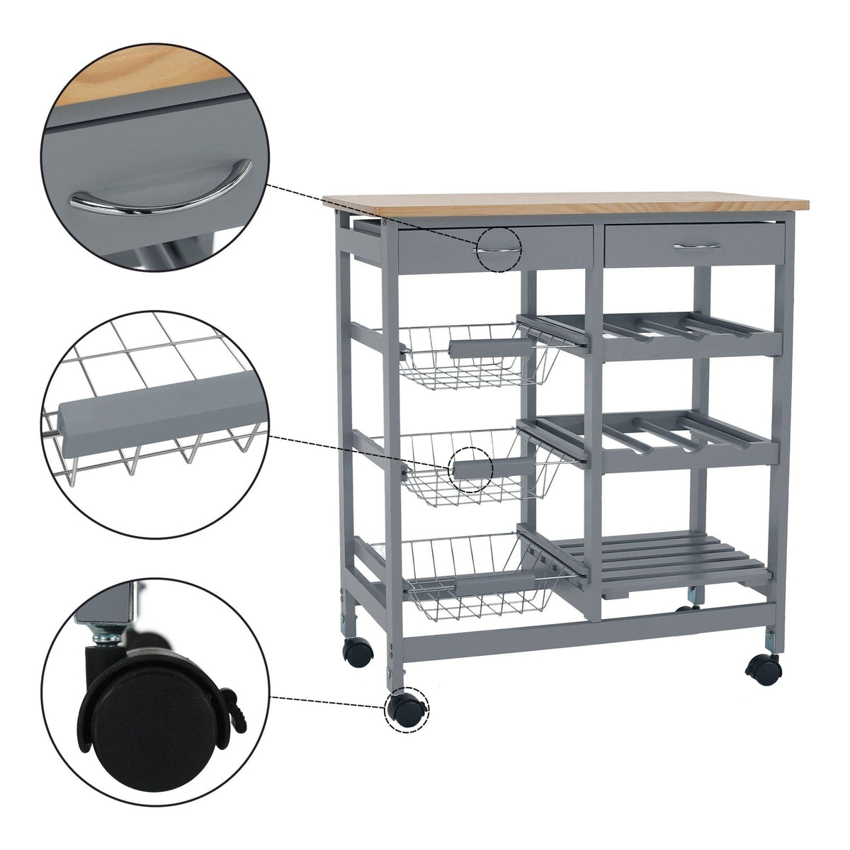 Carucior servire BARABE, gri/stejar, 67x37x76 cm