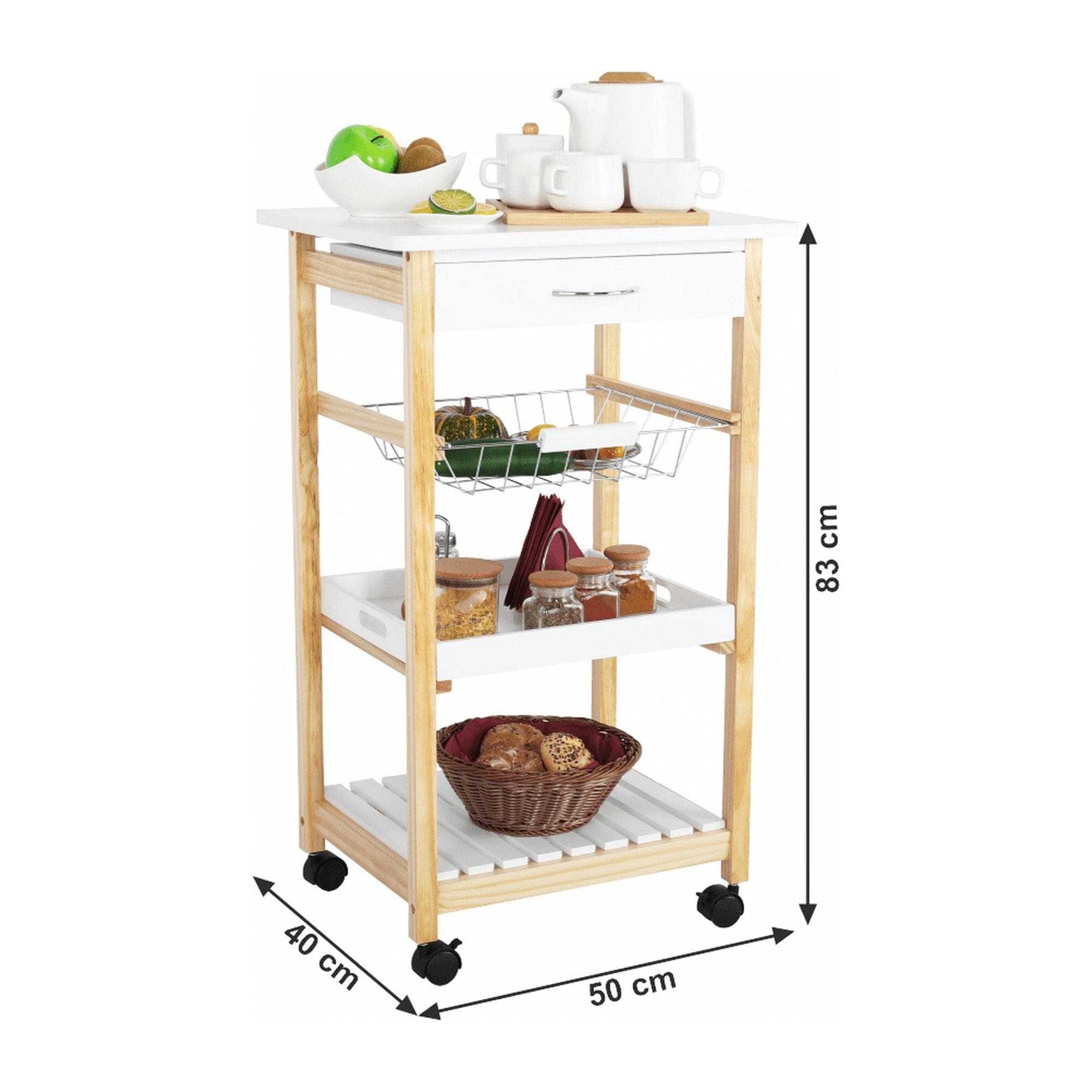 Carucior servire RAPID, alb/stejar, lemn, 50x40x83 cm
