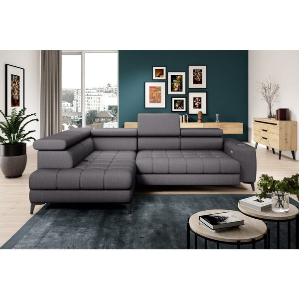 Coltar BAGGIO, sezlong stanga, stofa clasica gri - Aston 17, cu reglaj electric, lada depozitare si tetiere reglabile, 280x196x100 cm