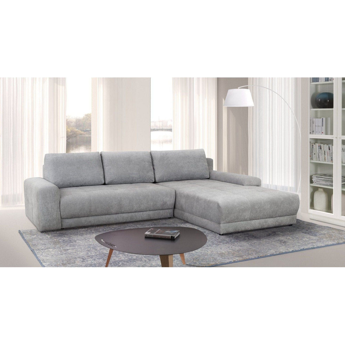 Coltar extensibil ADRIA, universal, stofa catifelata maro - Monolith 15, cu lada depozitare, 314x213x90 cm