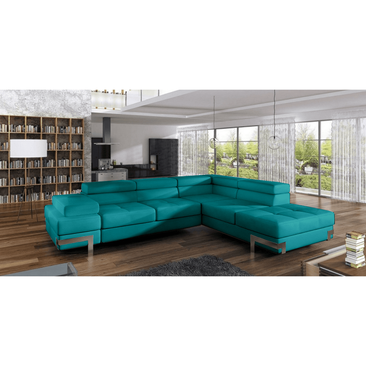Coltar extensibil EMPORIO L, personalizabil materiale gama Oferta Avantaj, cu lada depozitare si tetiere reglabile, 262x223x90 cm