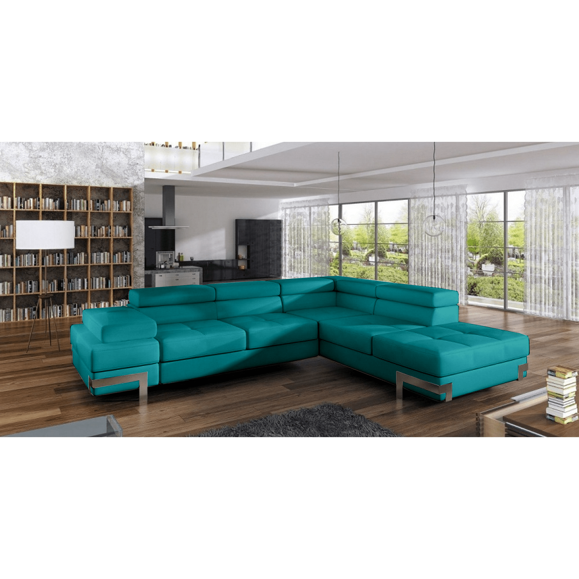 Coltar extensibil EMPORIO L, personalizabil materiale gama Oferta Avantaj, cu lada depozitare si tetiere reglabile, 262x223x90 cm