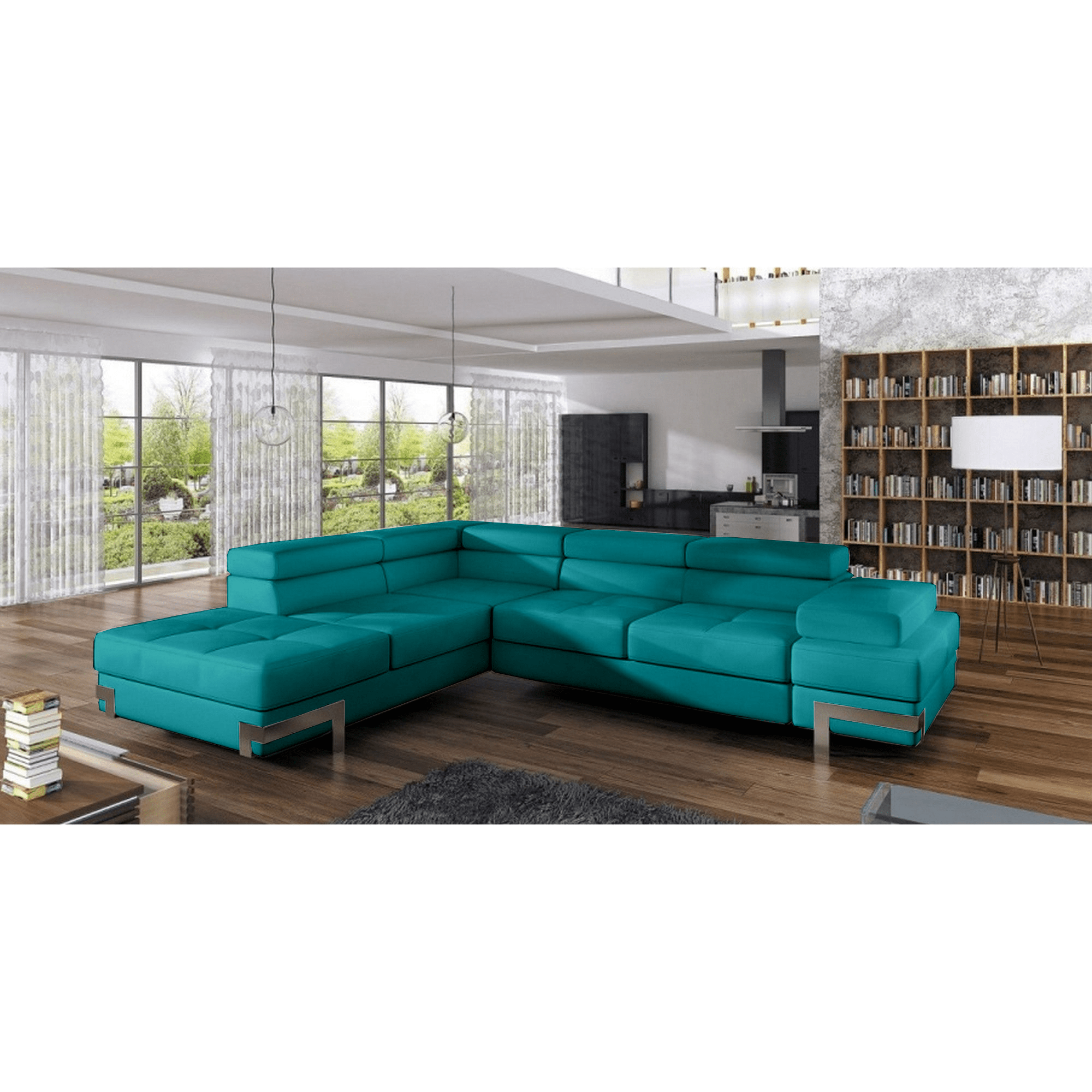 Coltar extensibil EMPORIO L, personalizabil materiale gama Oferta Avantaj, cu lada depozitare si tetiere reglabile, 262x223x90 cm