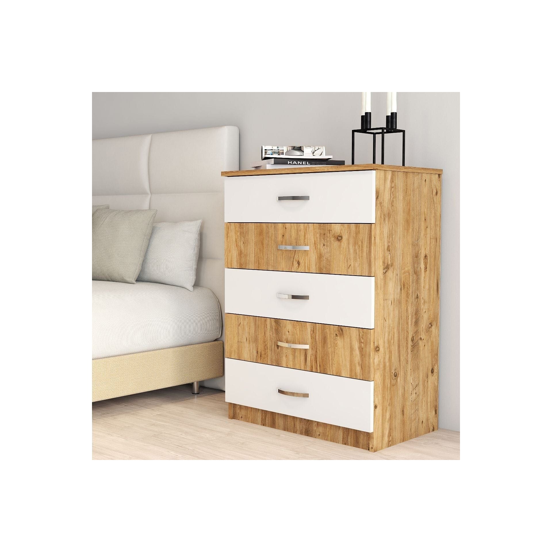 Comoda 616TNM1509, stejar/alb, PAL melaminat, 72x45x98 cm