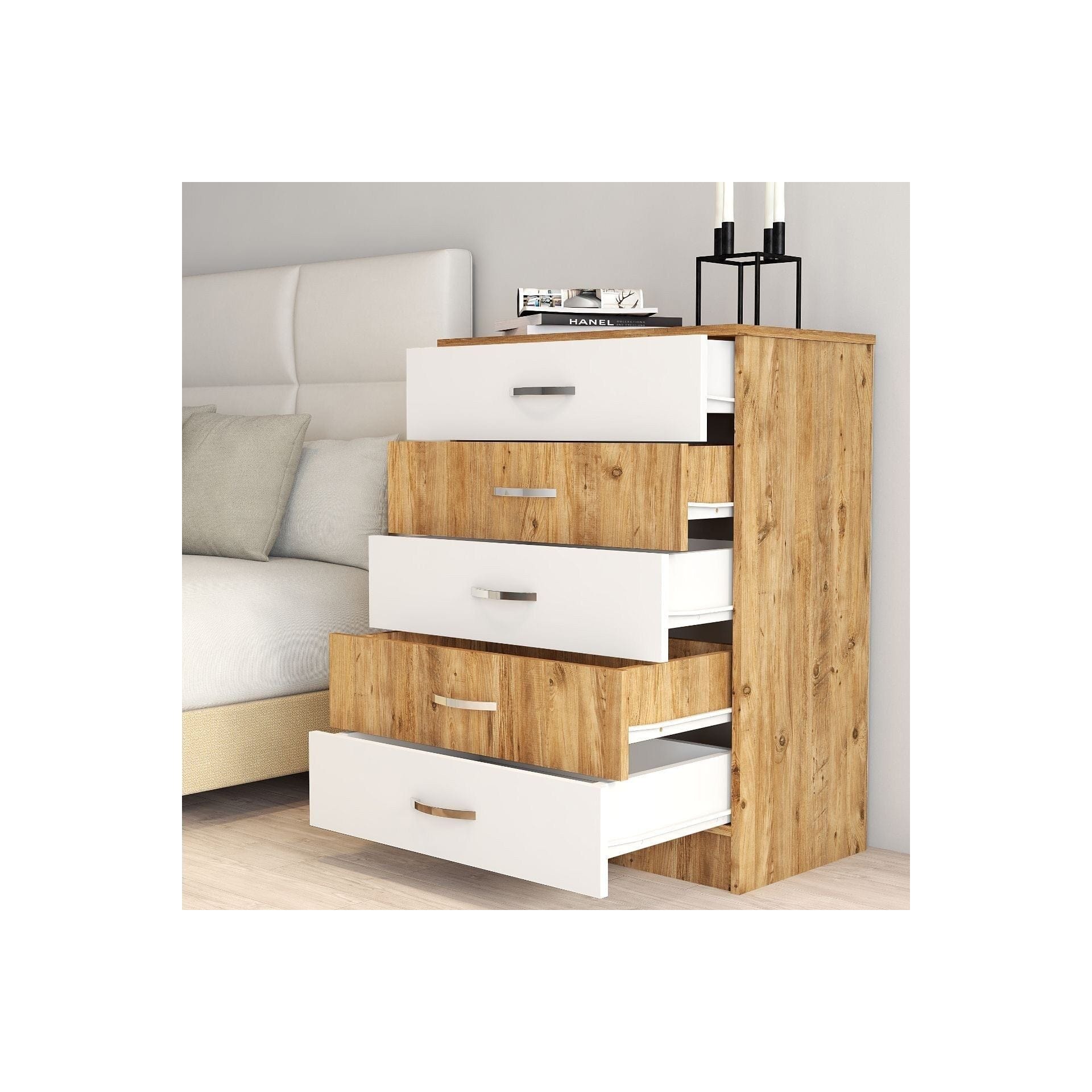 Comoda 616TNM1509, stejar/alb, PAL melaminat, 72x45x98 cm