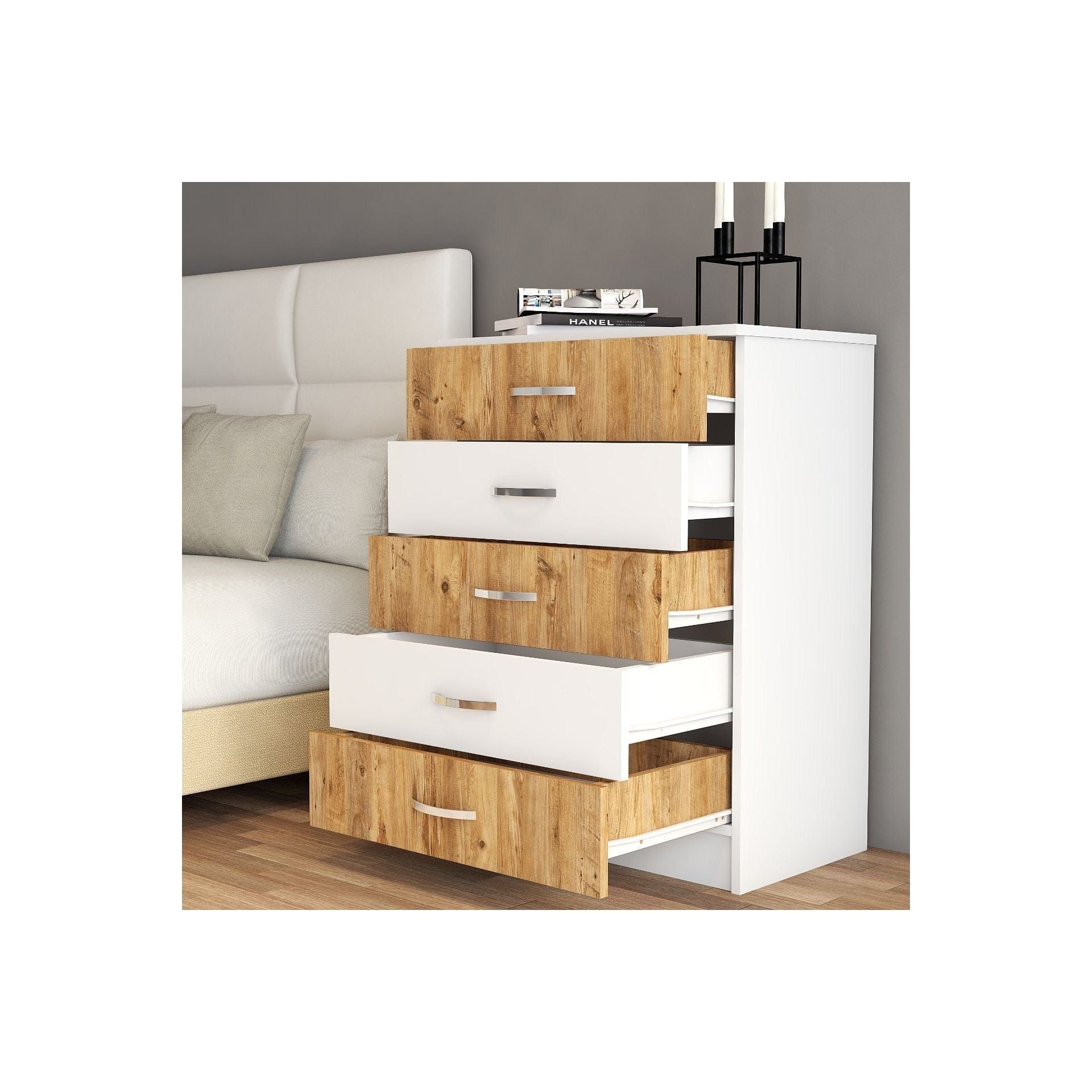 Comoda 616TNM1510, alb/stejar, PAL melaminat, 72x45x98 cm