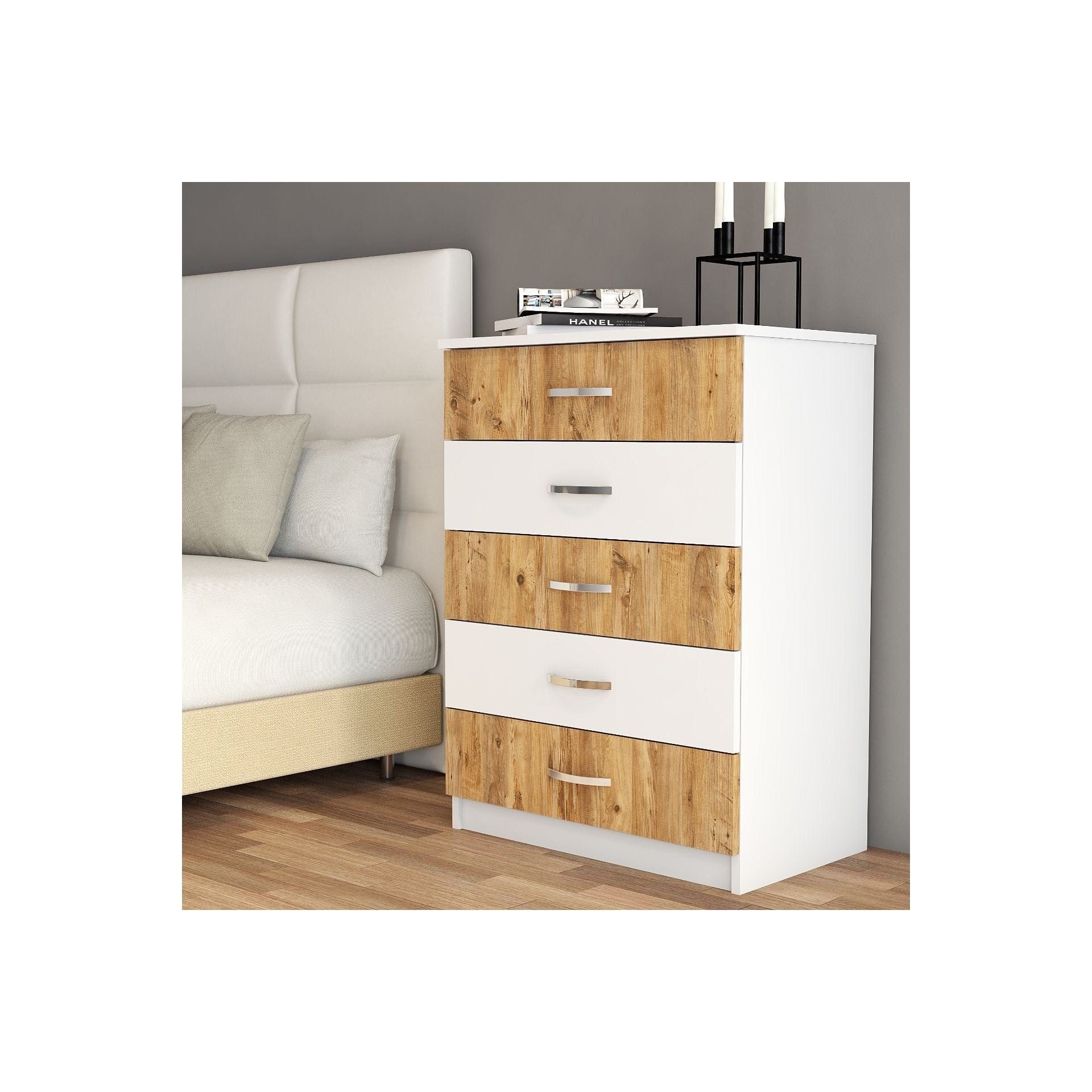 Comoda 616TNM1510, alb/stejar, PAL melaminat, 72x45x98 cm