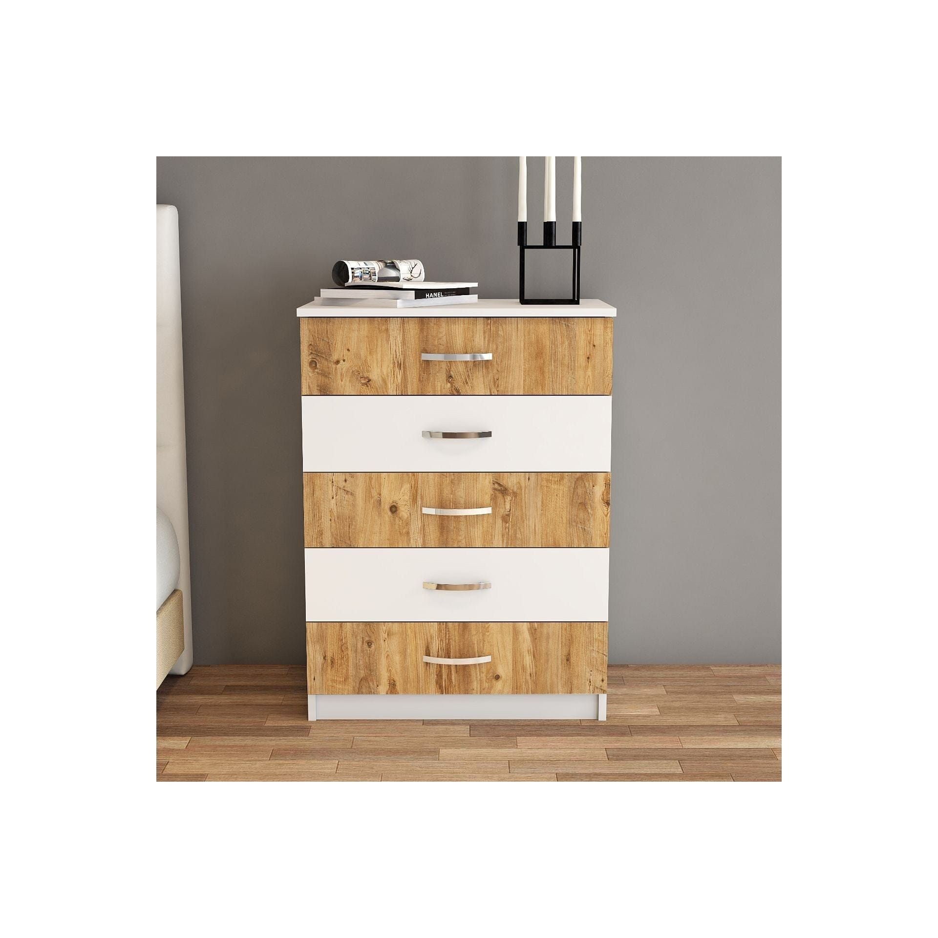 Comoda 616TNM1510, alb/stejar, PAL melaminat, 72x45x98 cm