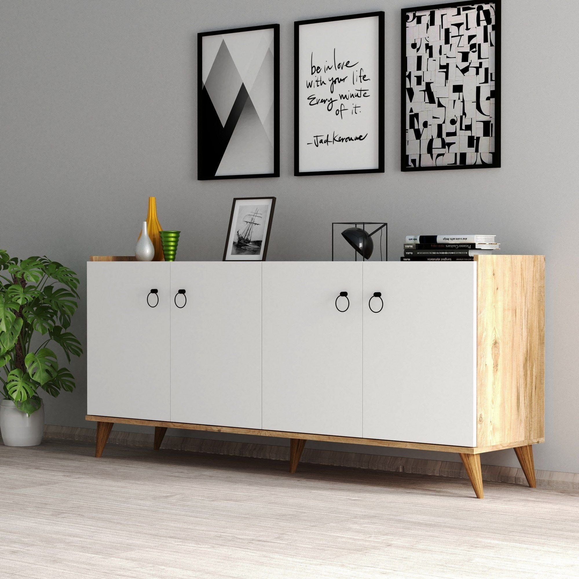 Comoda 616TNM1603, alb/stejar, PAL melaminat, 180x45x79 cm