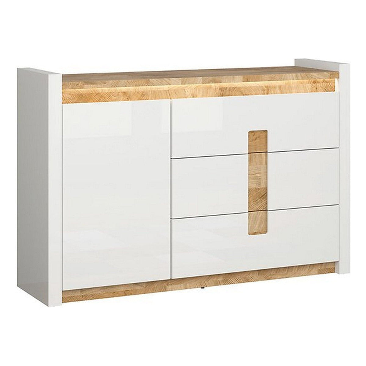 Comoda ALAMEDA, alb lucios/stejar, PAL, 147x41x97 cm