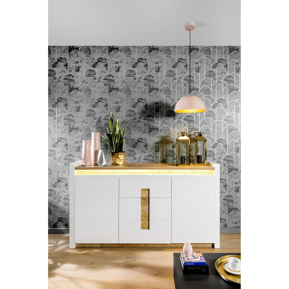 Comoda ALAMEDA, alb/stejar, PAL, 172x41x97 cm