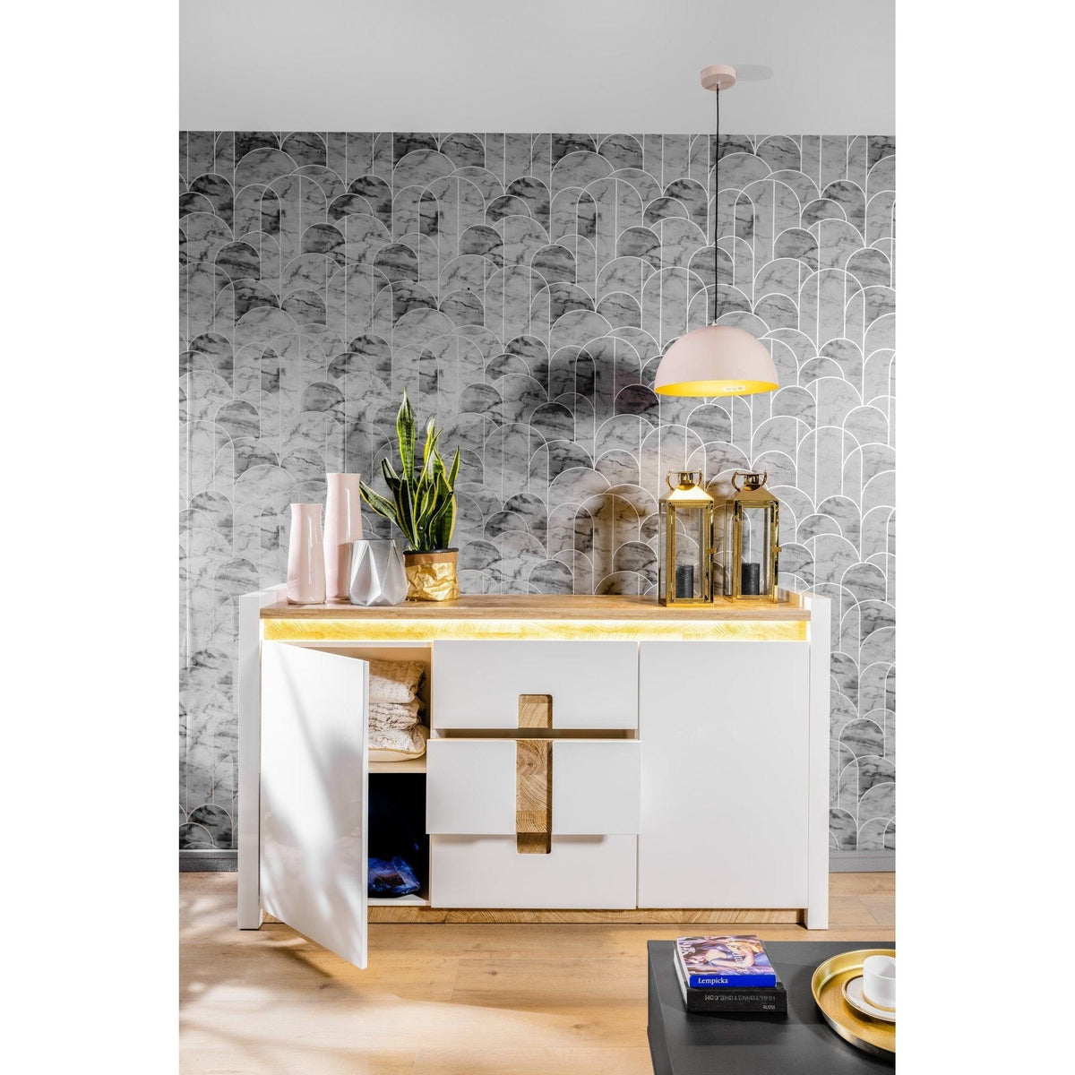 Comoda ALAMEDA, alb/stejar, PAL, 172x41x97 cm