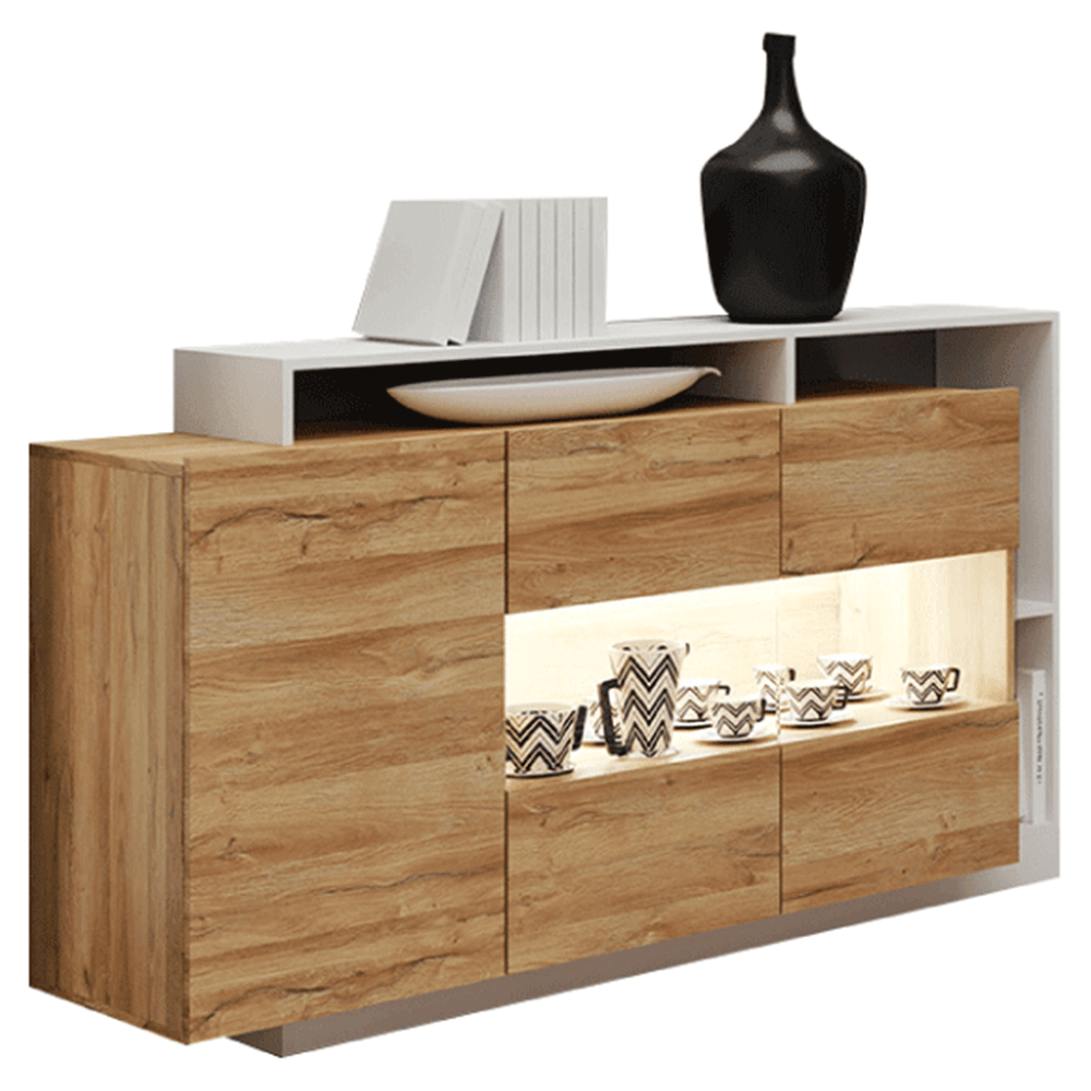 Comoda ALICANTE, stejar grandson/alb, PAL melaminat, cu iluminare LED,  155x44x94 cm