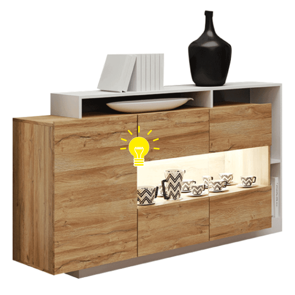 Comoda ALICANTE, stejar grandson/alb, PAL melaminat, cu iluminare LED,  155x44x94 cm
