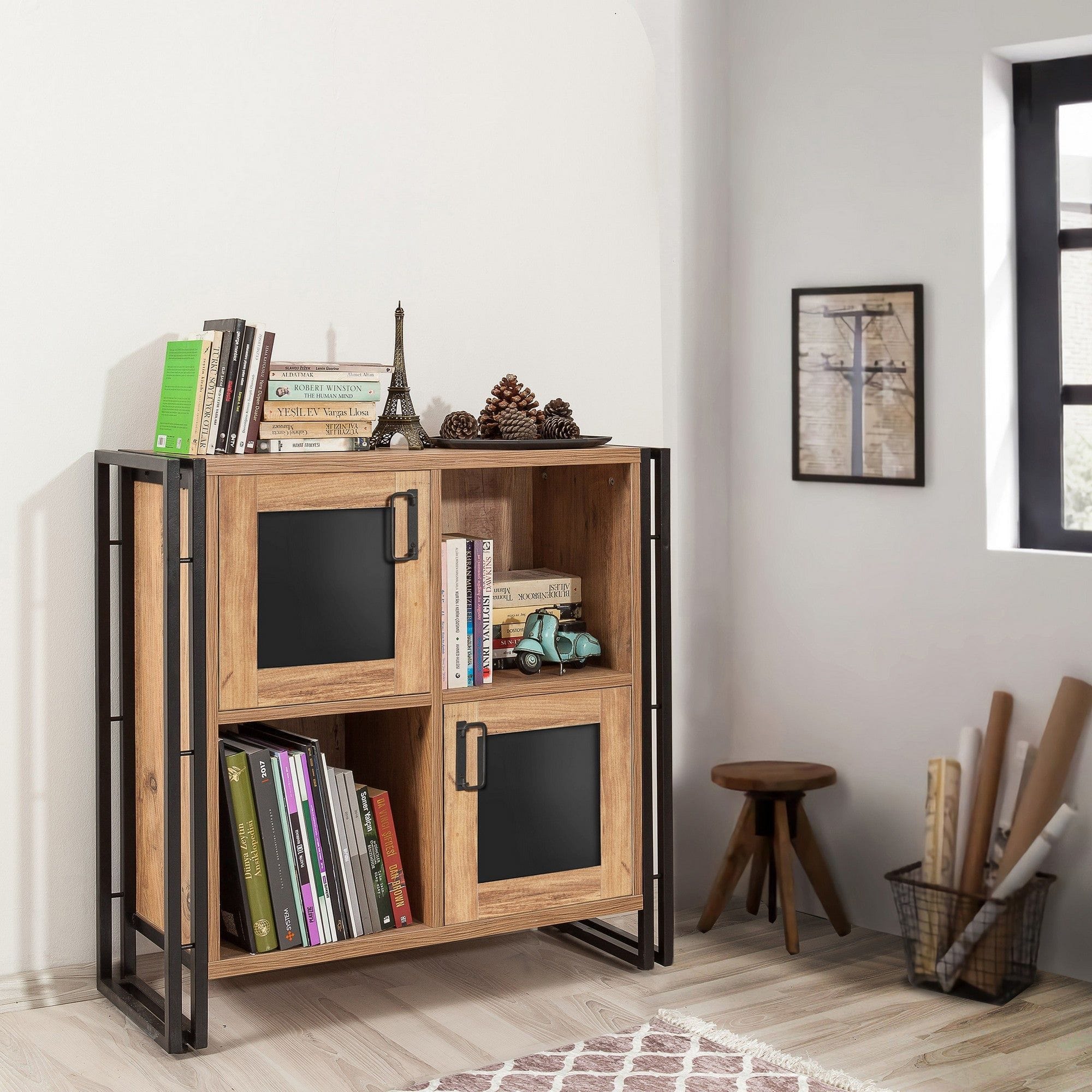Comoda Arcas Verna, pin atlantic/negru, PAL melaminat/metal, 89x35x89 cm