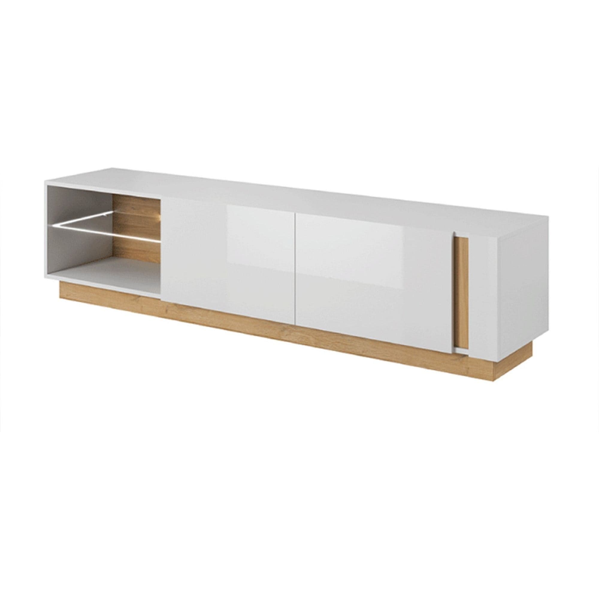 Comoda CITY RTV, stejar grandson/alb lucios, PAL melaminat/sticla, cu iluminare LED, 188x40x46 cm