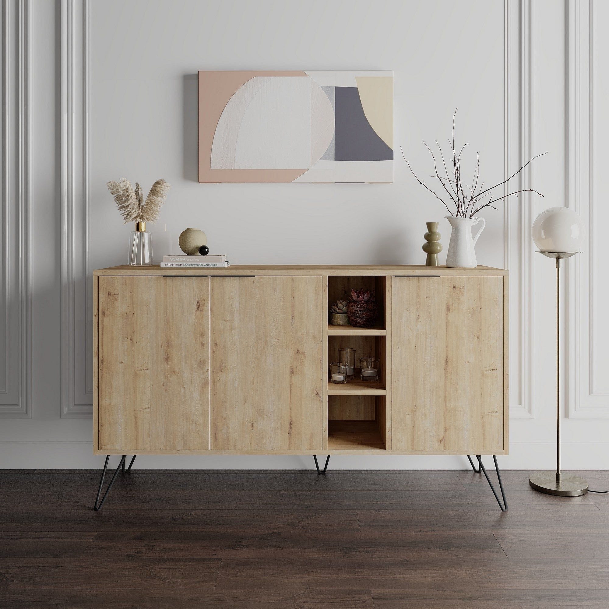 Comoda Clara-Oak, stejar/negru, PAL melaminat/metal, 142x36x83 cm