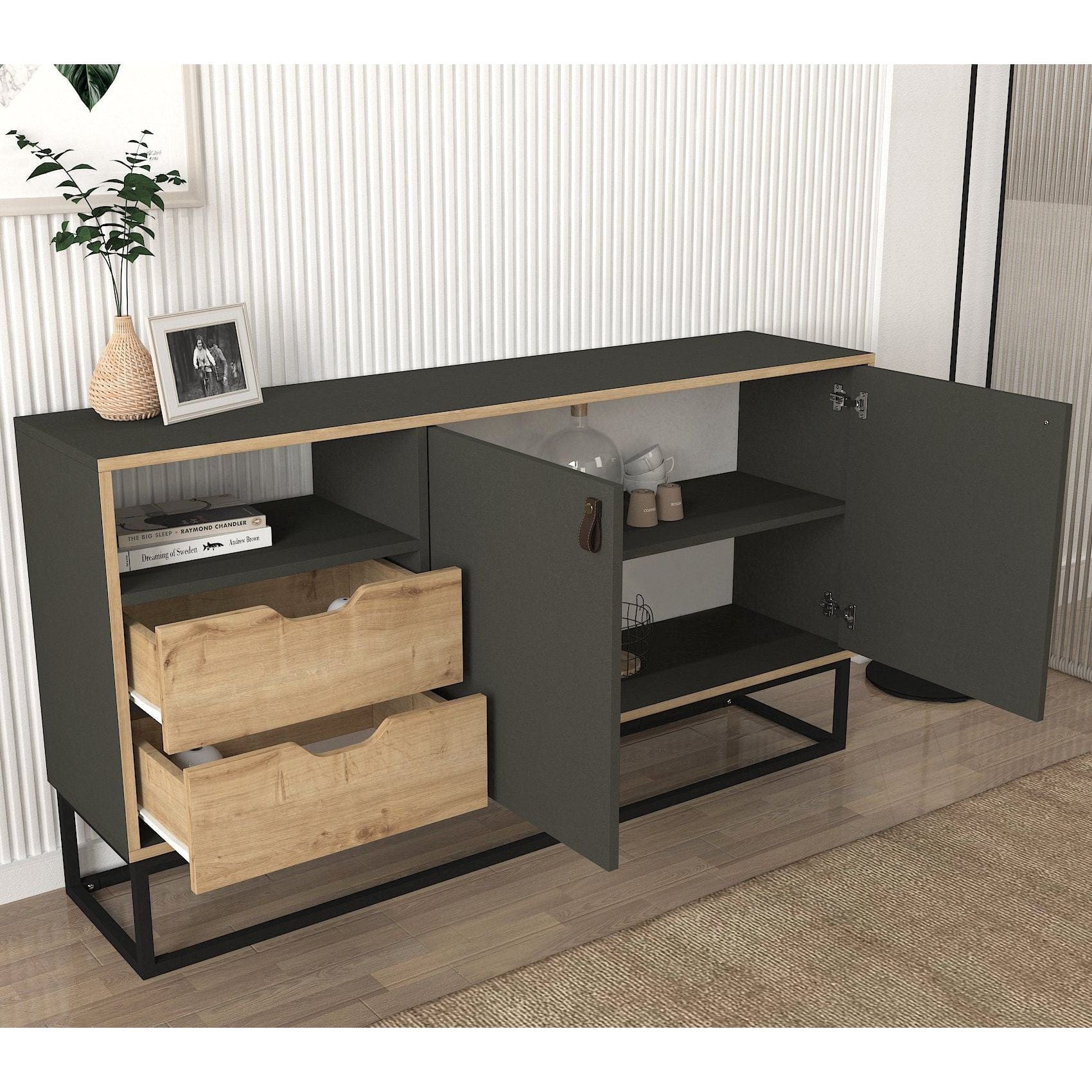 Comoda Dolores, gri antacit/stejar, PAL melaminat/metal, 150x35x80 cm