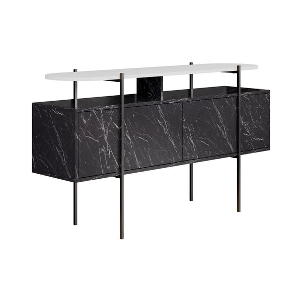 Comoda HANLEY, alb/negru cu efect de marmura, PAL melaminat/metal, 150x38x86 cm