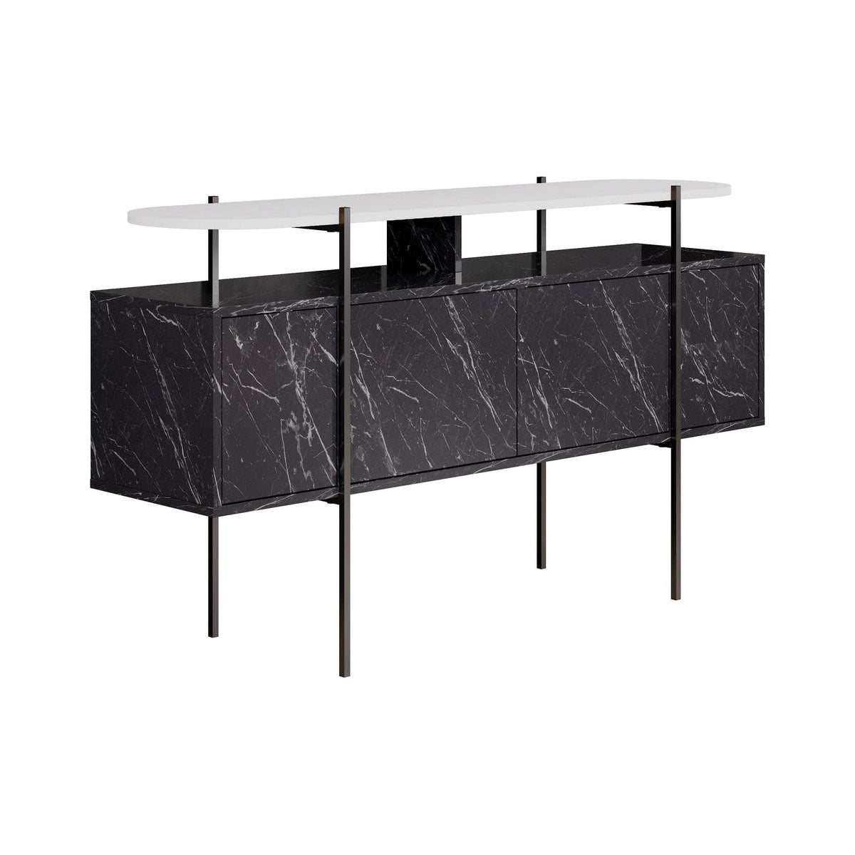 Comoda HANLEY, alb/negru cu efect de marmura, PAL melaminat/metal, 150x38x86 cm
