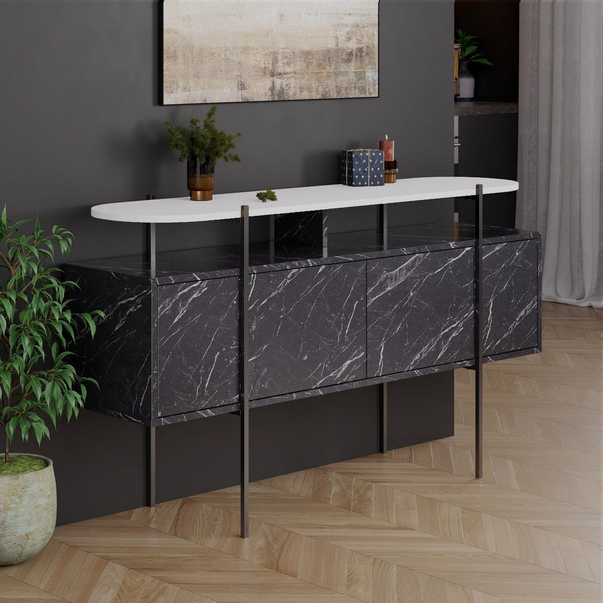 Comoda HANLEY, alb/negru cu efect de marmura, PAL melaminat/metal, 150x38x86 cm