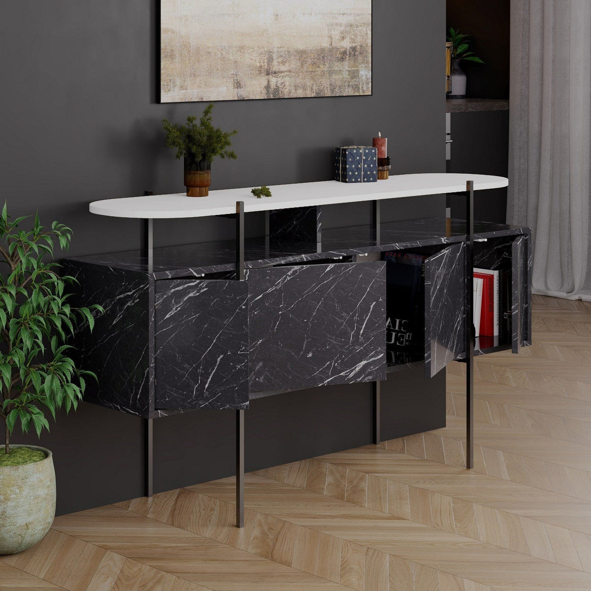 Comoda HANLEY, alb/negru cu efect de marmura, PAL melaminat/metal, 150x38x86 cm