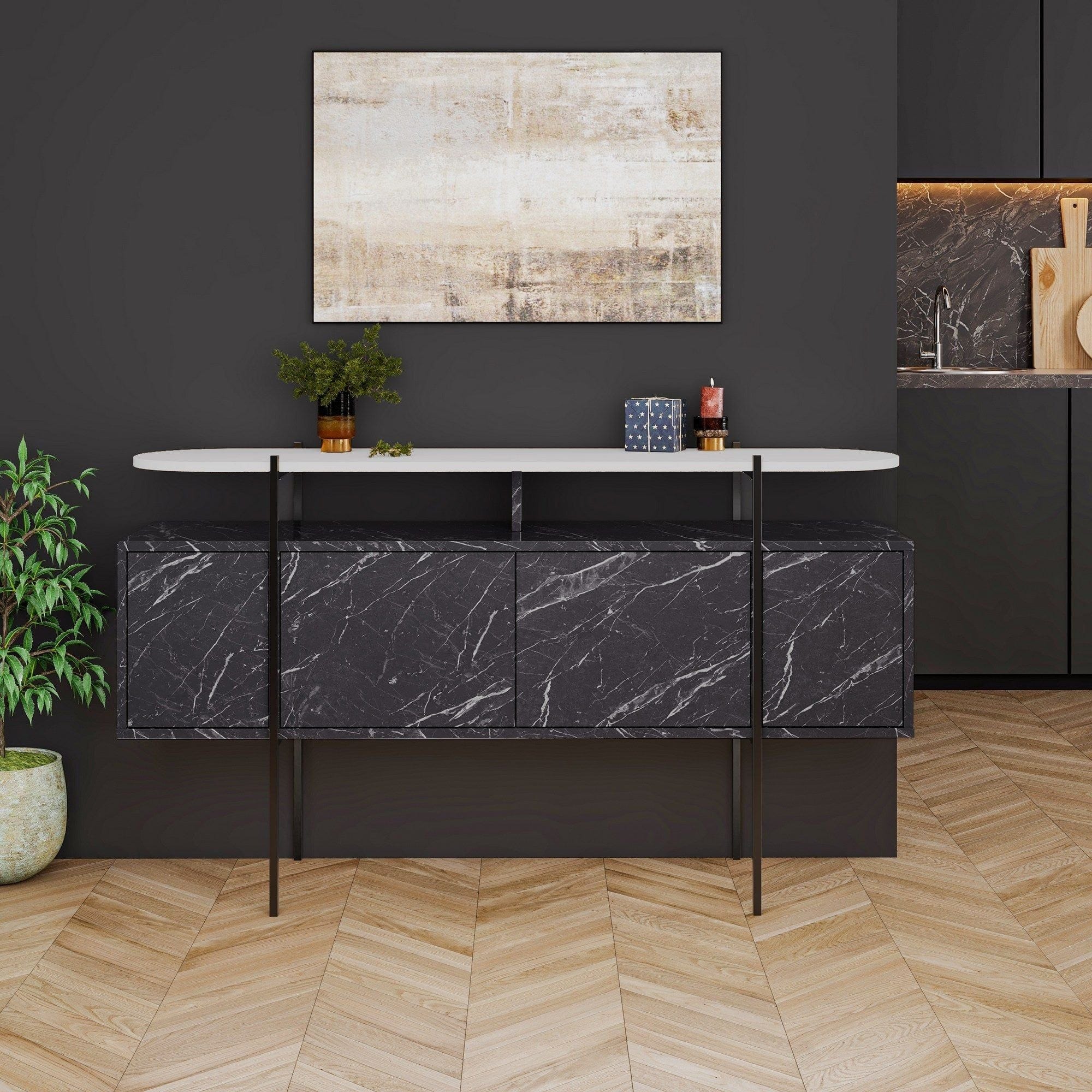 Comoda HANLEY, alb/negru cu efect de marmura, PAL melaminat/metal, 150x38x86 cm