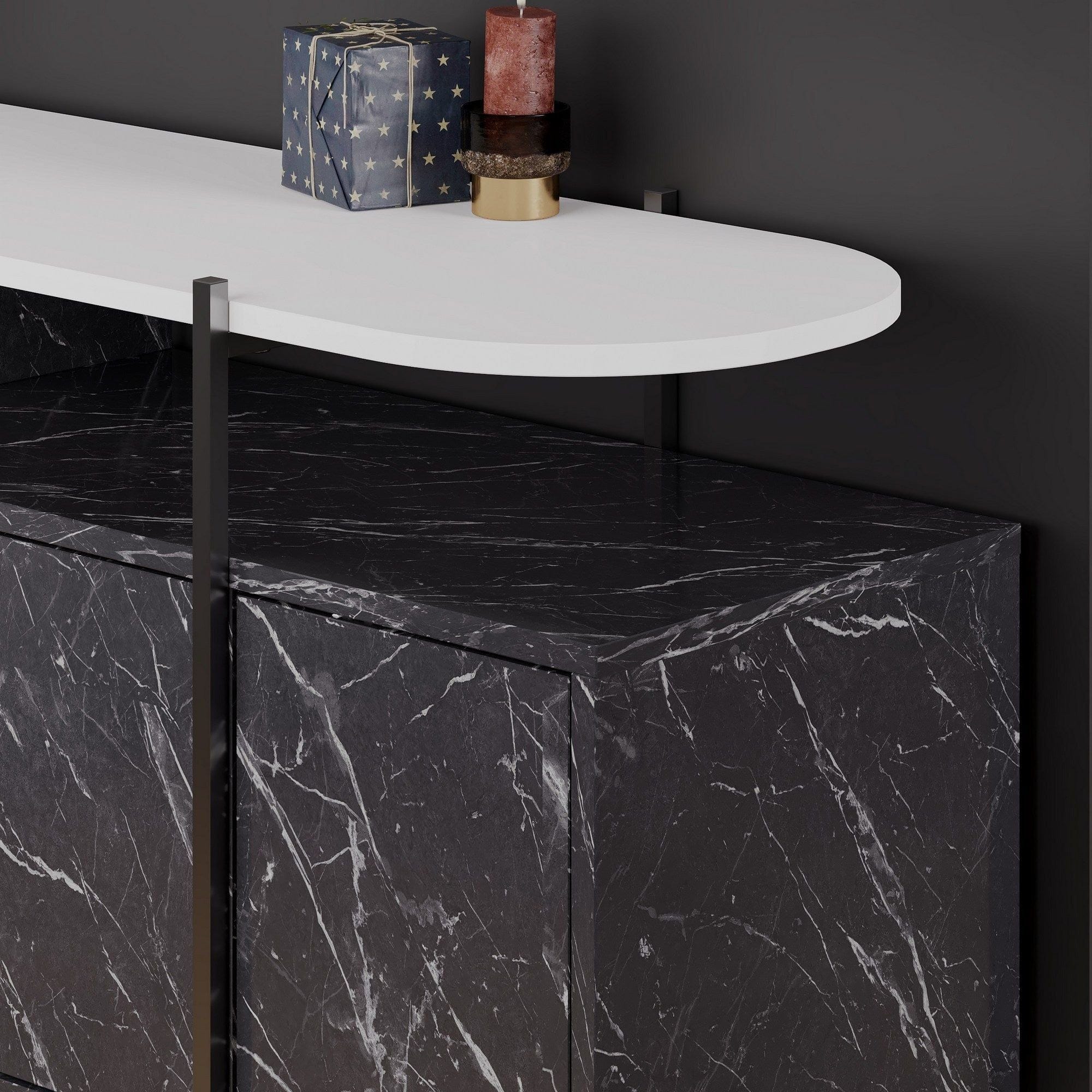 Comoda HANLEY, alb/negru cu efect de marmura, PAL melaminat/metal, 150x38x86 cm