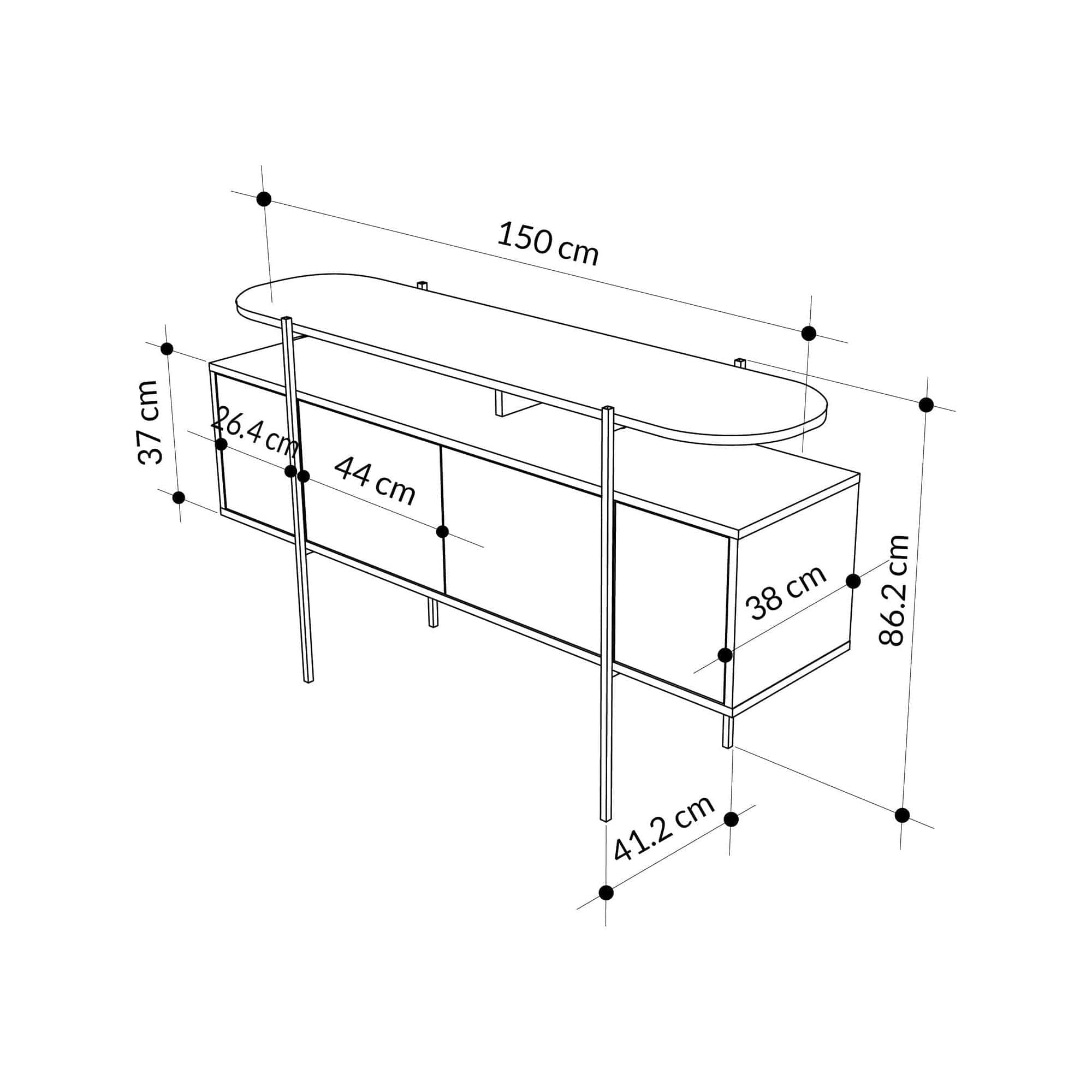 Comoda HANLEY, alb/negru cu efect de marmura, PAL melaminat/metal, 150x38x86 cm