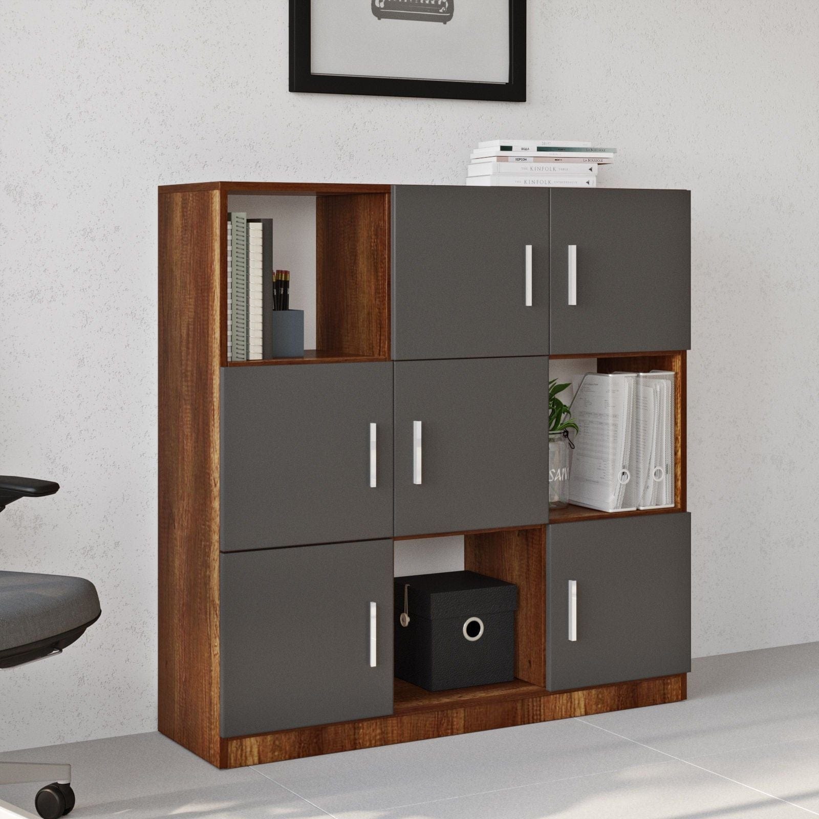 Comoda inalta VO7 - BA, gri/nuc, PAL melaminat, 120x38x122 cm
