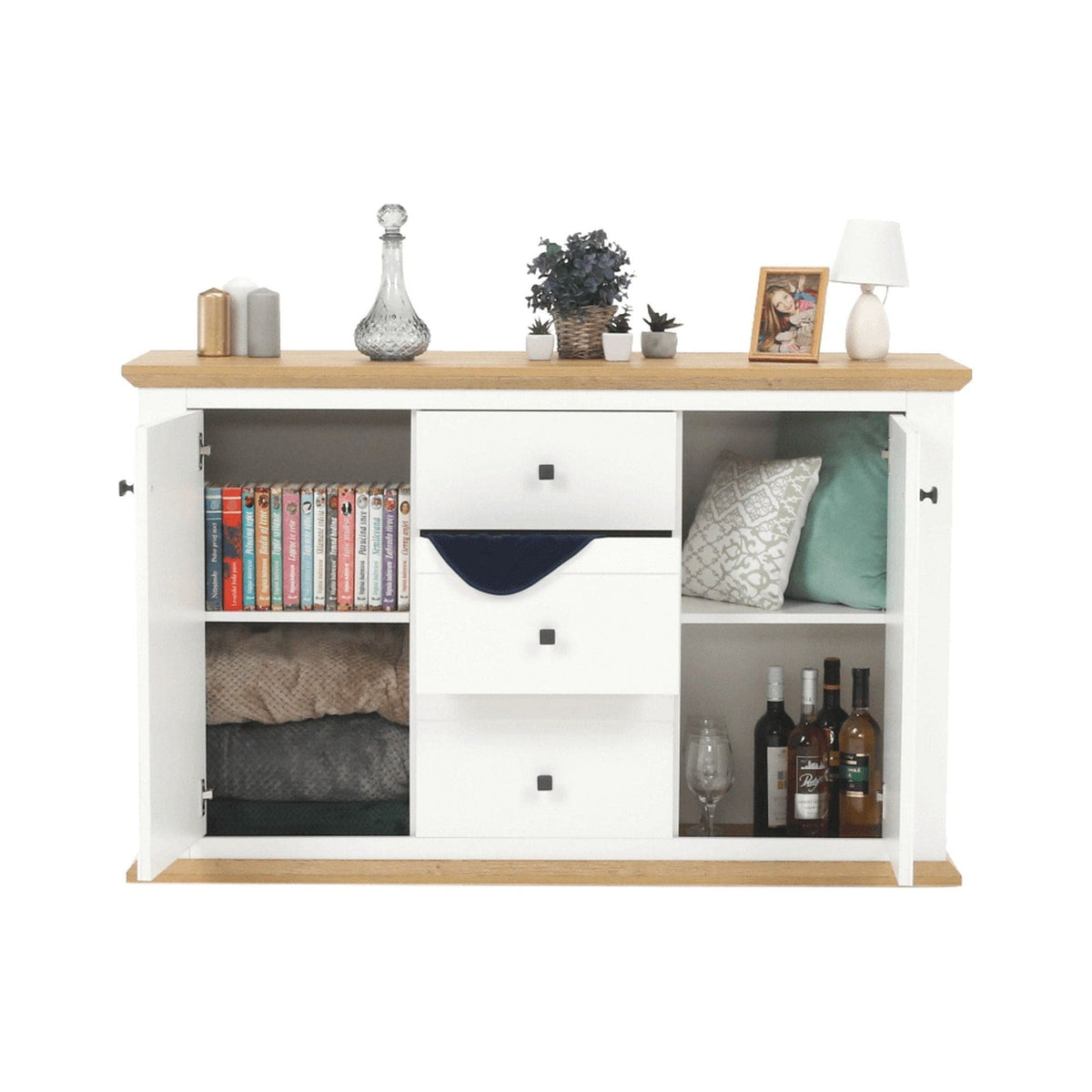 Comoda LEON MZ11, DTD laminat, alb/stejar grand, 140x45x87 cm