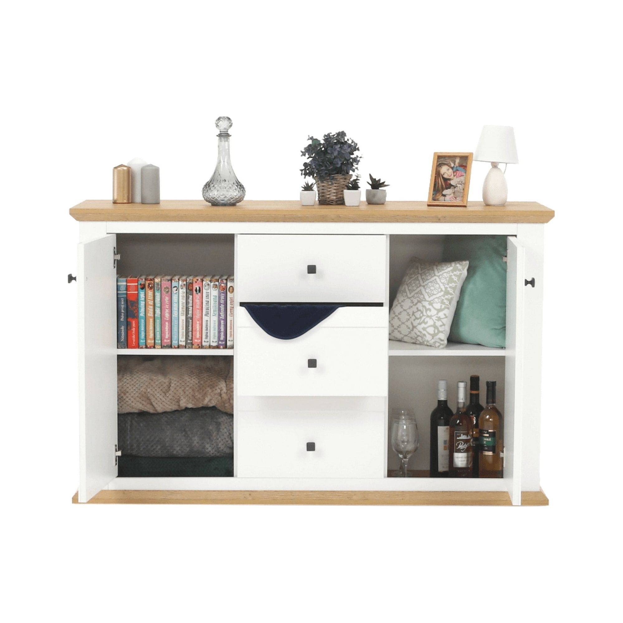 Comoda LEON MZ11, DTD laminat, alb/stejar grand, 140x45x87 cm