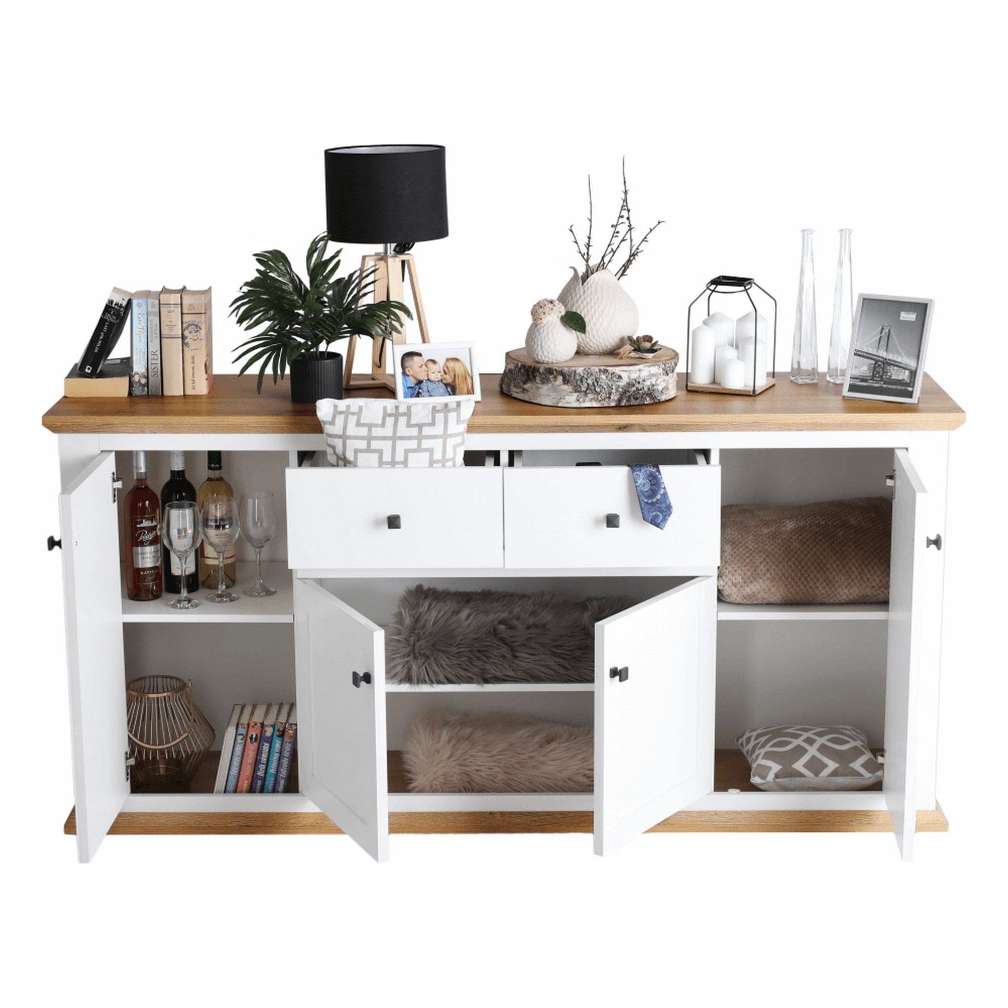 Comoda LEON MZ9, alb, stejar grand, PAL laminat/metal, 180x45x87 cm