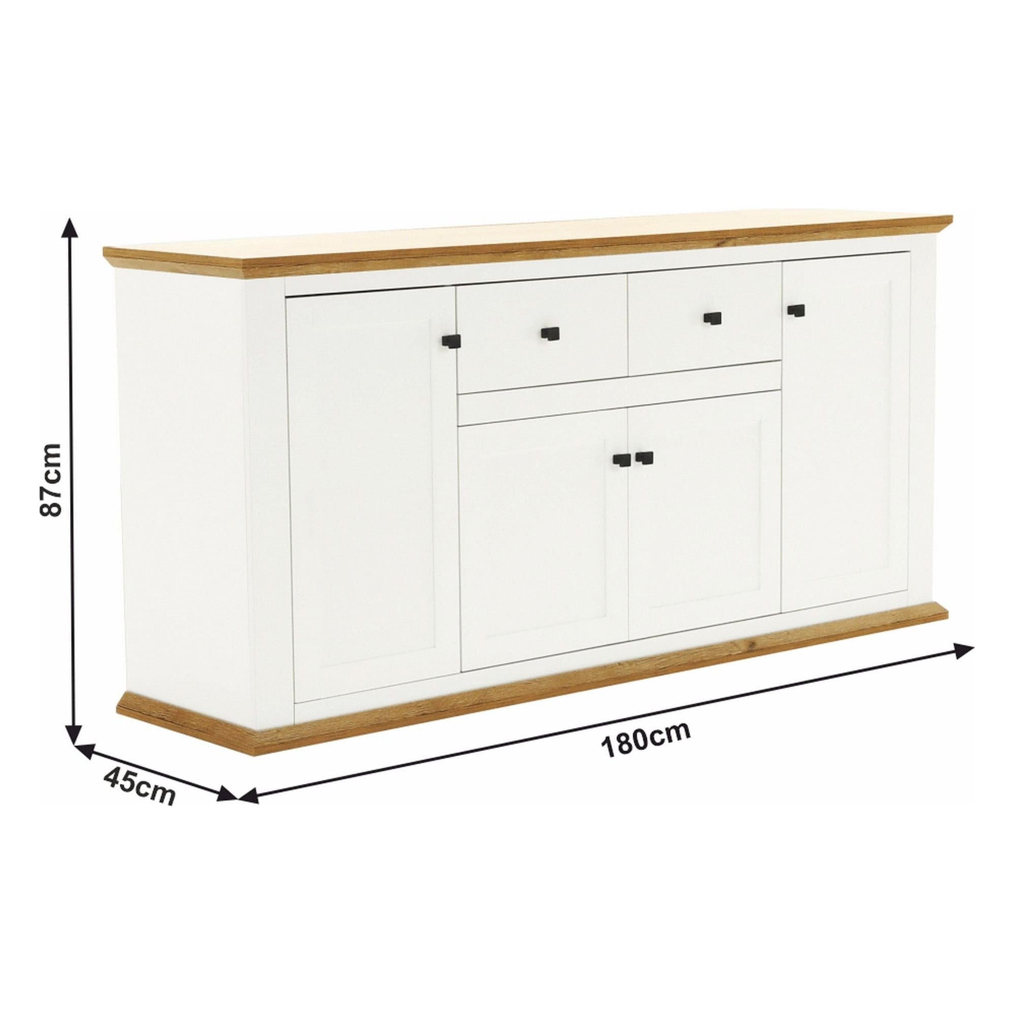 Comoda LEON MZ9, alb, stejar grand, PAL laminat/metal, 180x45x87 cm