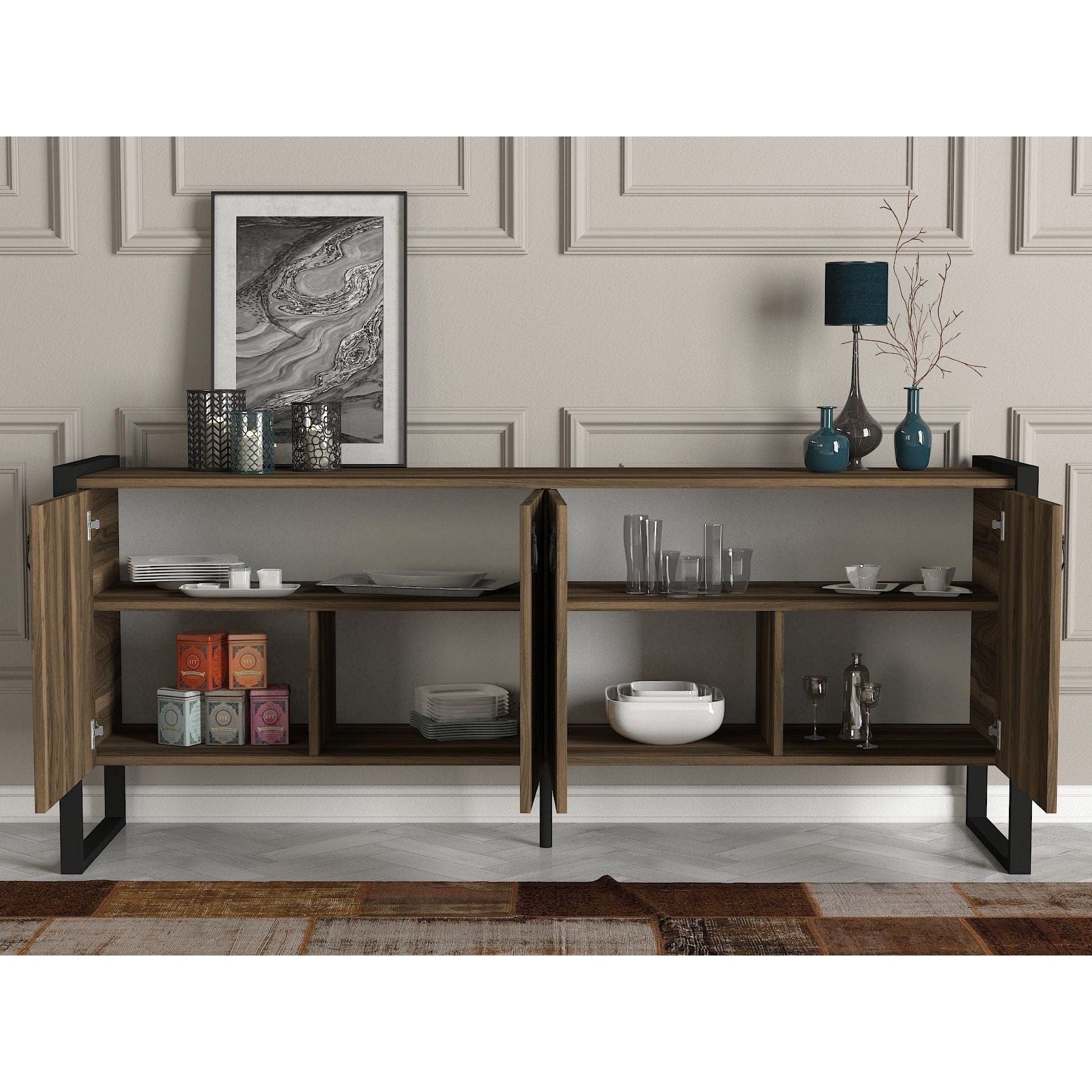 Comoda Lost Console, alun/negru, PAL melaminat/metal, 180x45x78 cm