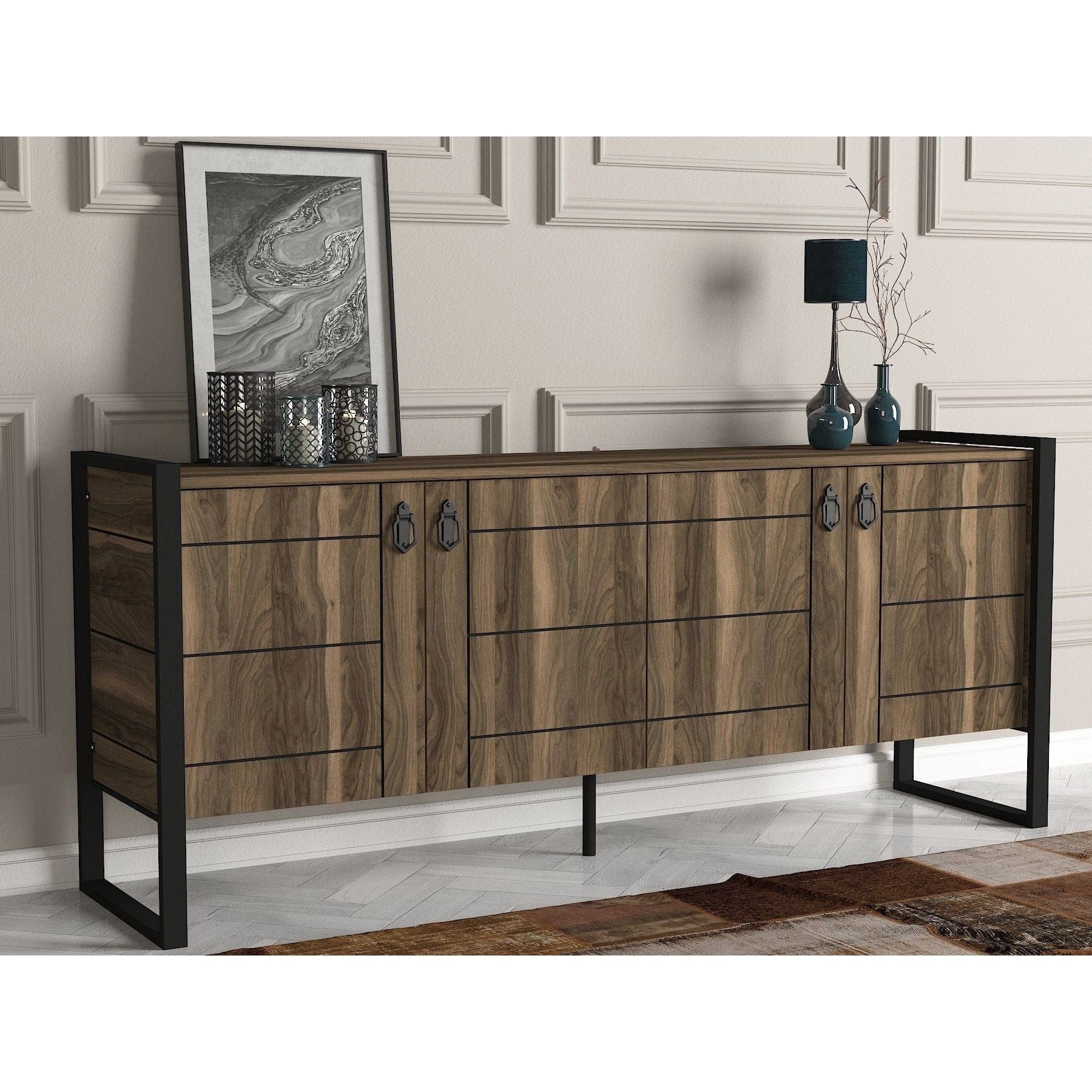 Comoda Lost Console, alun/negru, PAL melaminat/metal, 180x45x78 cm