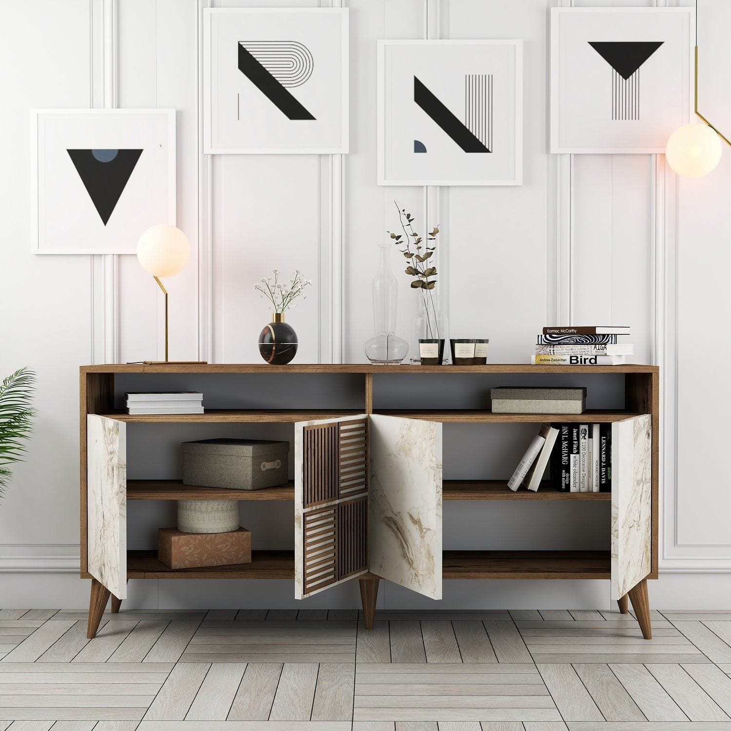 Comoda Milan, alb cu efect de marmura/nuc, PAL melaminat, 160x35x78 cm