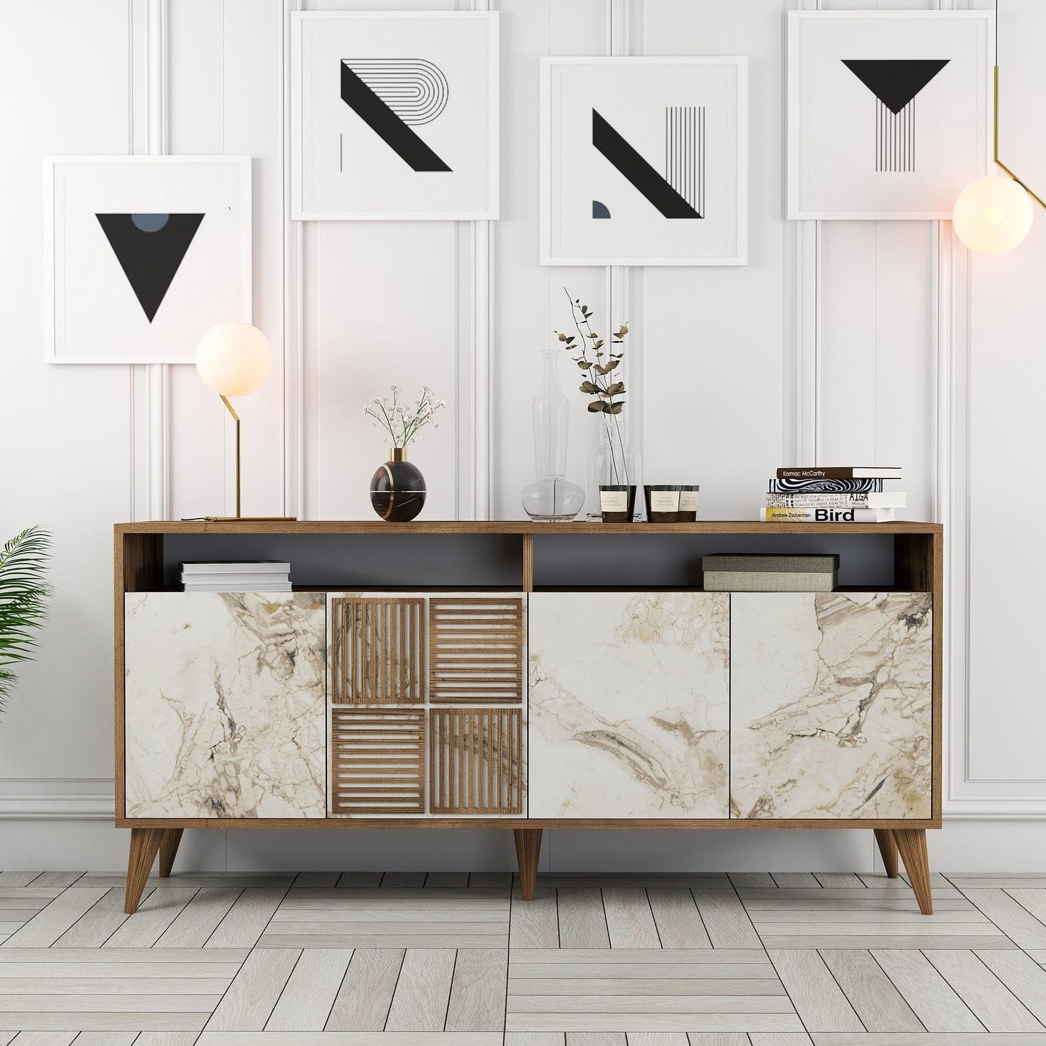 Comoda Milan, alb cu efect de marmura/nuc, PAL melaminat, 160x35x78 cm