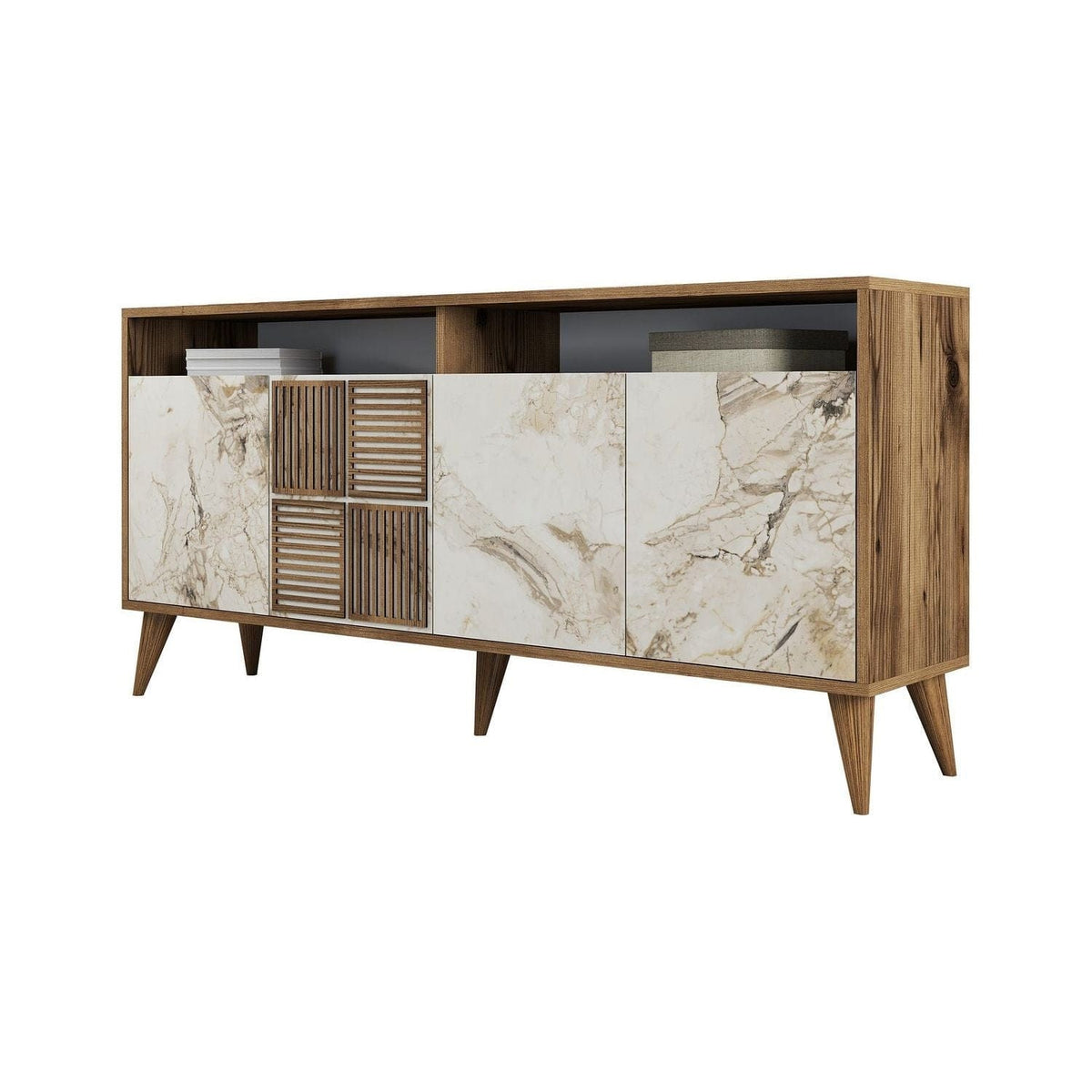Comoda Milan, alb cu efect de marmura/nuc, PAL melaminat, 160x35x78 cm