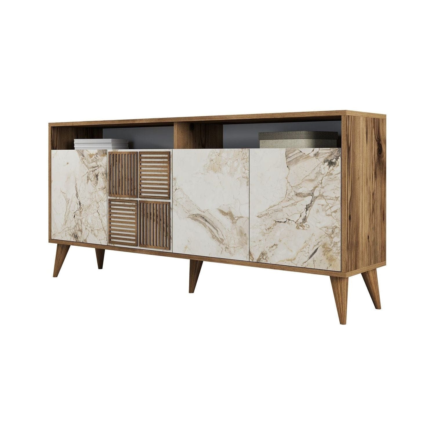 Comoda Milan, alb cu efect de marmura/nuc, PAL melaminat, 160x35x78 cm